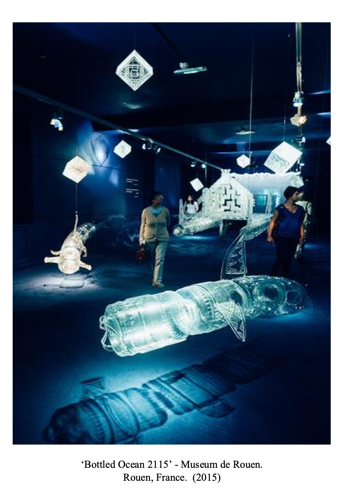 Exhibition titled 'Bottled Ocean 2115' at Museum de Rouen showing illuminated sculptures of ocean-related objects, including a large bottle and fish, with visitors observing the displays.