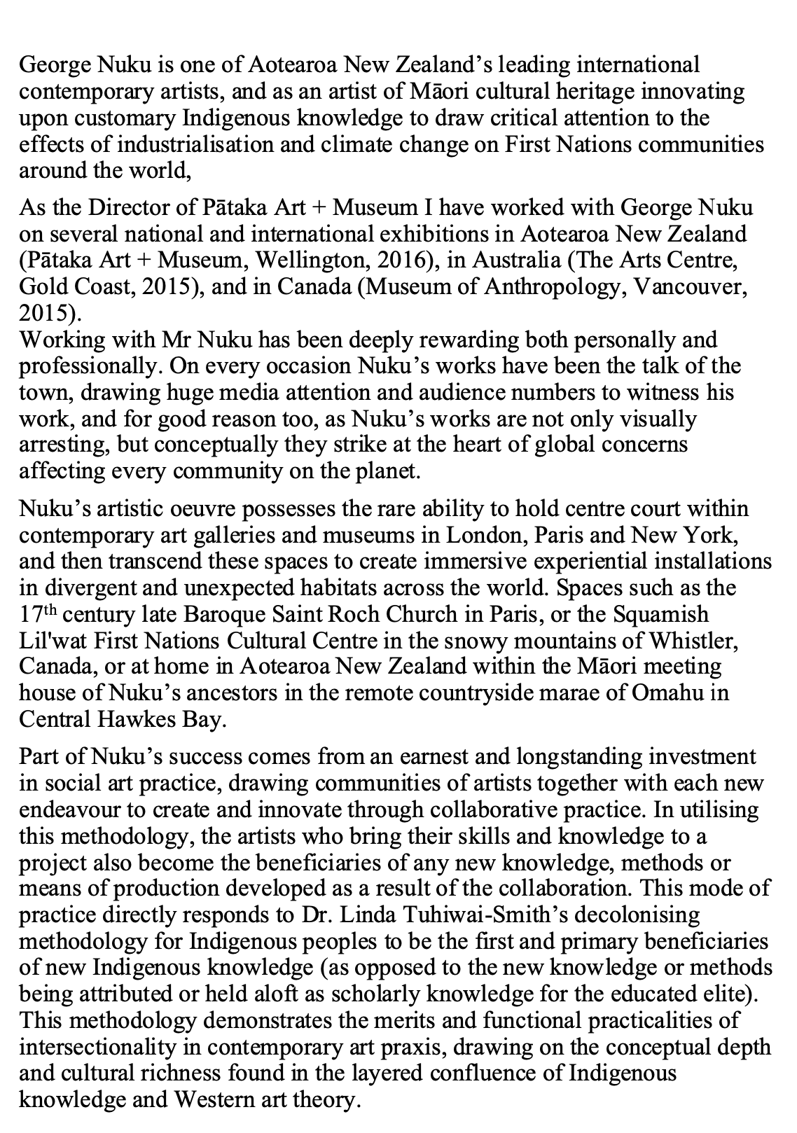 Text about George Nuku, Maori artist, highlighting his work with indigenous knowledge and contemporary art across New Zealand, Australia, and Canada, focusing on cultural heritage, environmental issues, and collaborative social art practices.