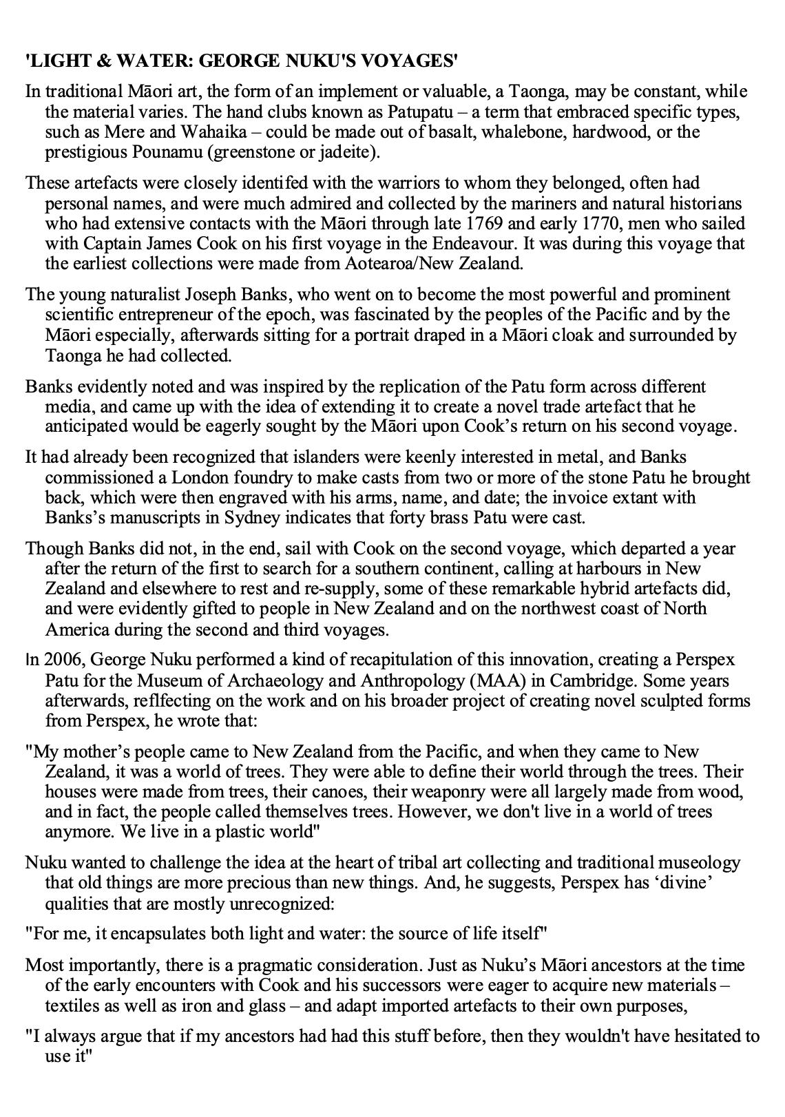 Page of text discussing Maori art, ancient artifacts, and George Nuku's work creating Perspex Patu from trees, water, and light.