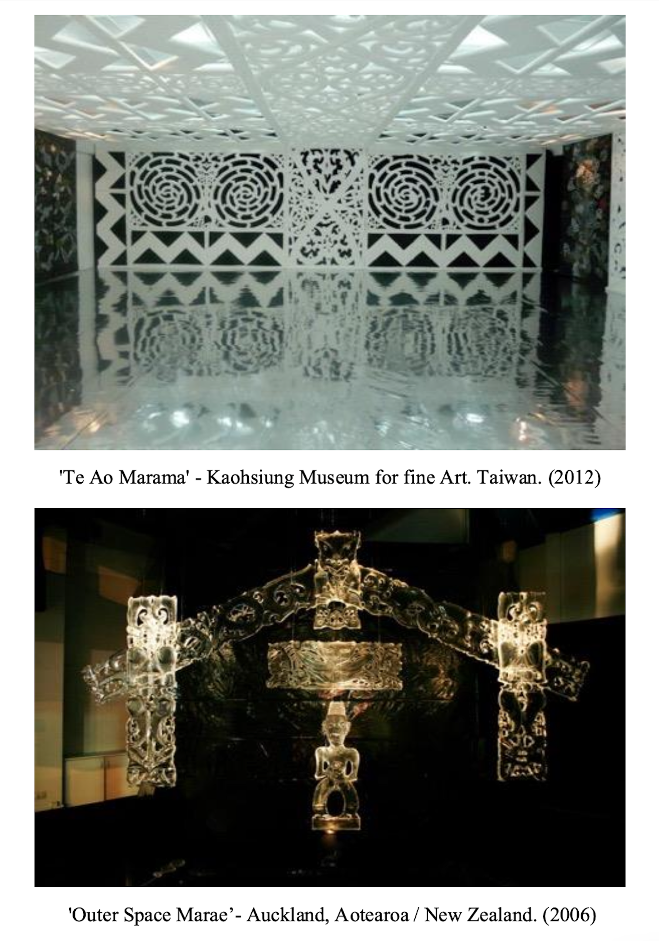 Two images of art installations. The first shows a white intricate lattice structure with a mirror-like floor at Kaohsiung Museum for Fine Art in Taiwan. The second features a glowing glass sculpture resembling an outer space scene at Auckland Museum, New Zealand.