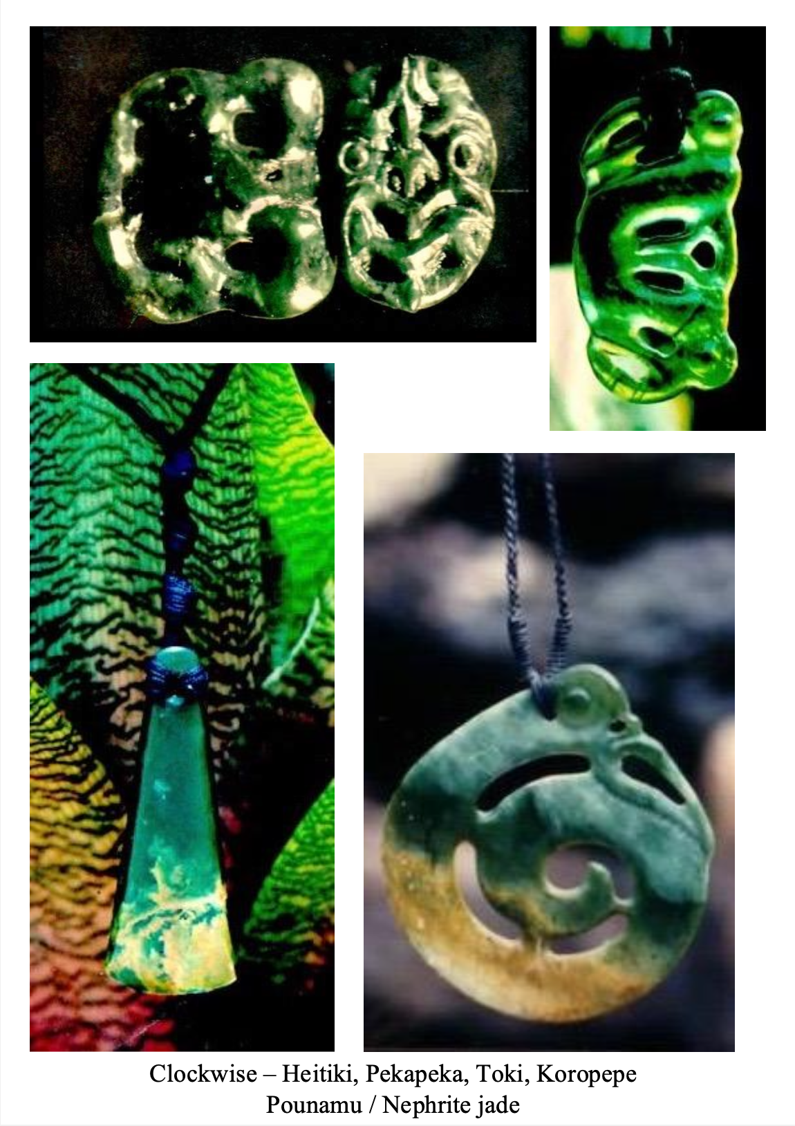 Collection of four jade carvings: two keros, a Heitiki, and a Pounamu/nephrite pendant, with vibrant green and blue hues, showcasing intricate designs and patterns.