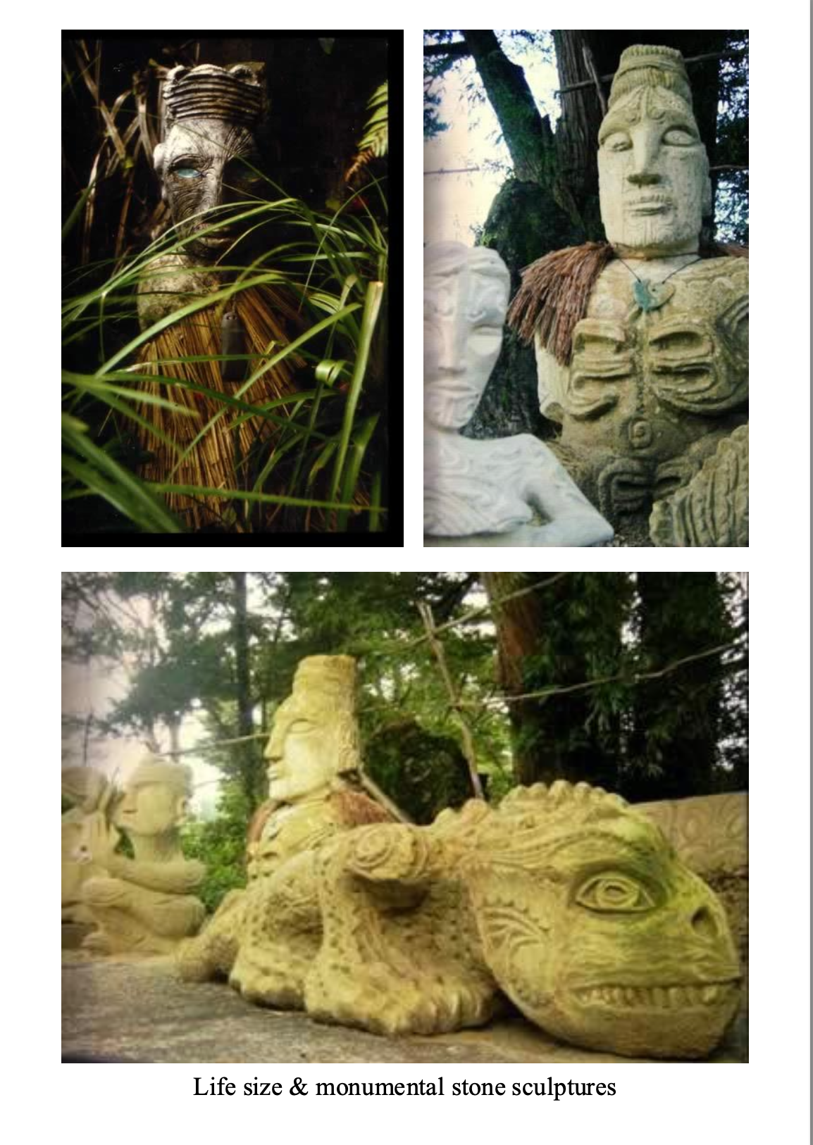 Three large stone sculptures of human figures and mythical creatures, displayed outdoors surrounded by trees and greenery.