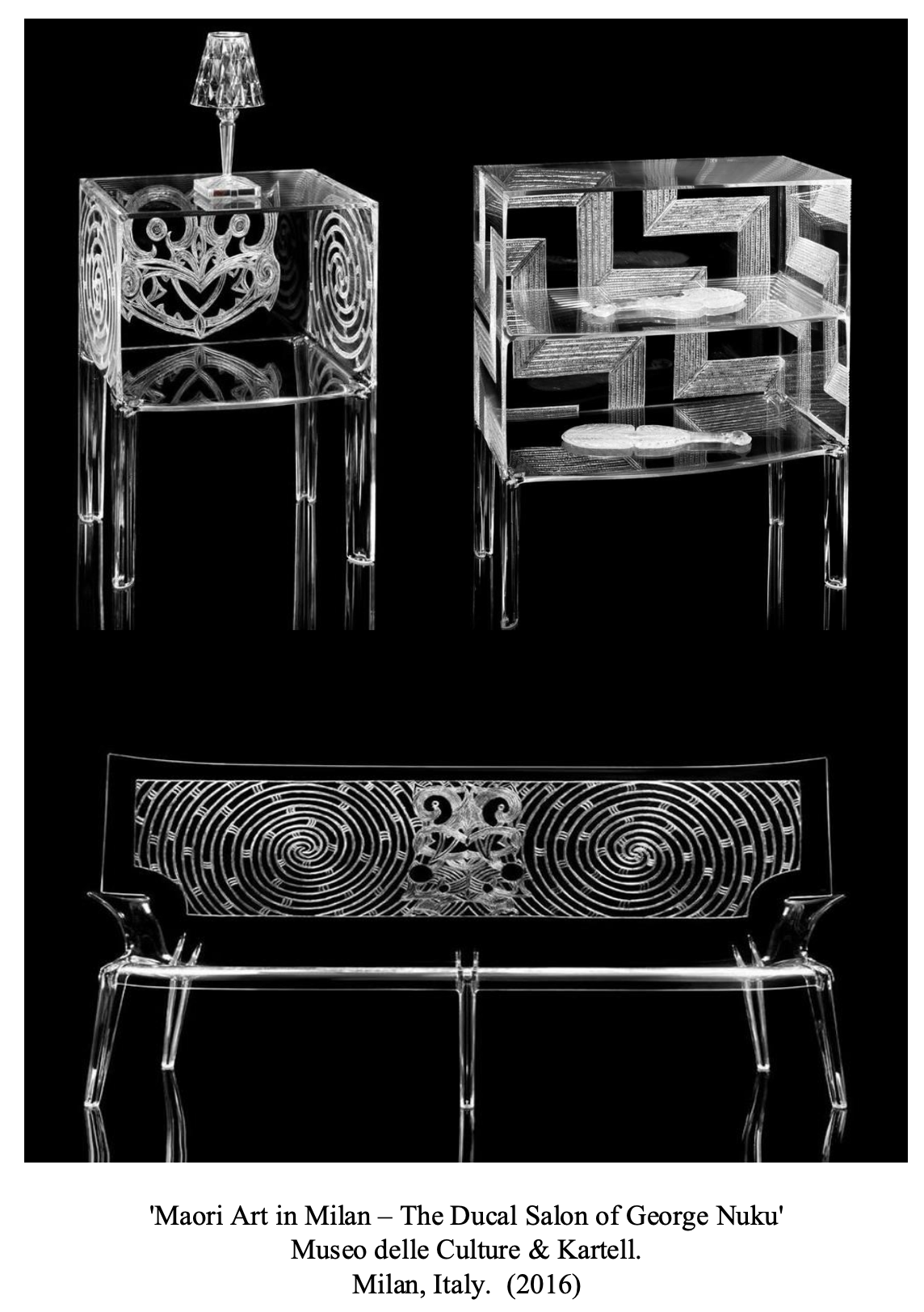 Three pieces of Maori-inspired transparent acrylic furniture: a small table with a decorative lamp, a shelving unit with traditional carving patterns, and a bench with Maori spiral and face carvings, all set against a black background.