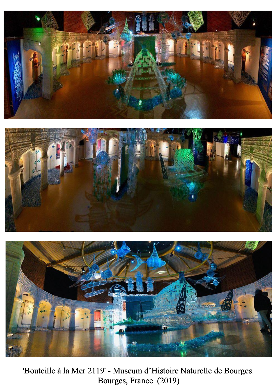 Interior of the 'Bouteille à la Mer 2119' exhibit at the Museum of Natural History of Bourges, France, 2019, featuring colorful, illuminated art installations of marine life, including a central dolphin sculpture, coral structures, and hanging sea creatures, with a mix of vibrant blue, green, and other colors.