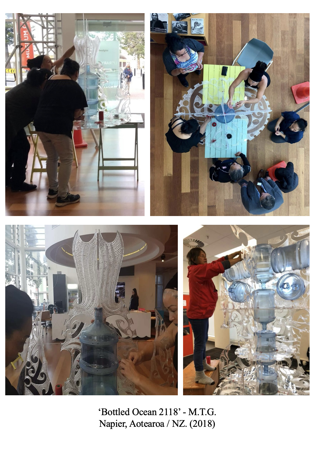 Four photos of people constructing and decorating large art installations made of plastic bottles and clear plastic sheets, creating abstract ocean-inspired sculptures in an indoor space.
