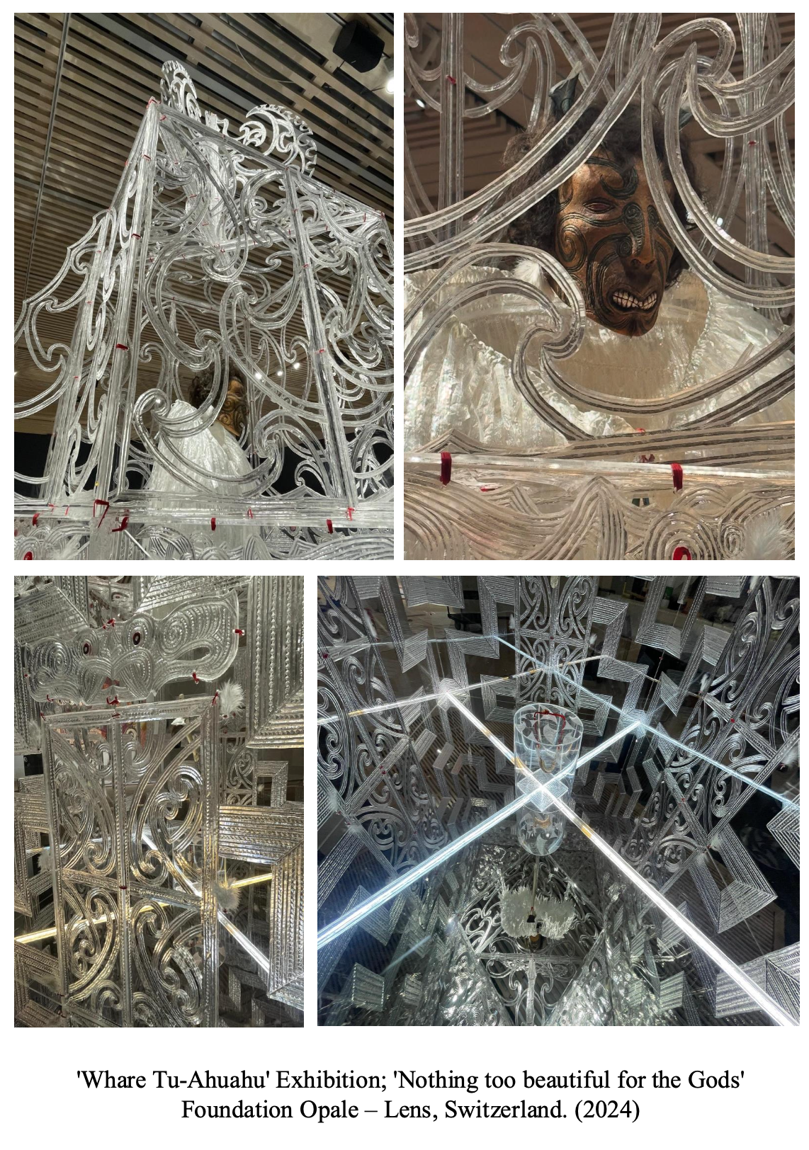 Installation art piece titled 'Whare Tu-Ahuahu' Exhibition: 'Nothing too beautiful for the Gods' at Foundation Opale in Lens, Switzerland, 2024. The artwork features intricate, transparent, and illuminated结构s with elaborate swirling patterns and reflections.