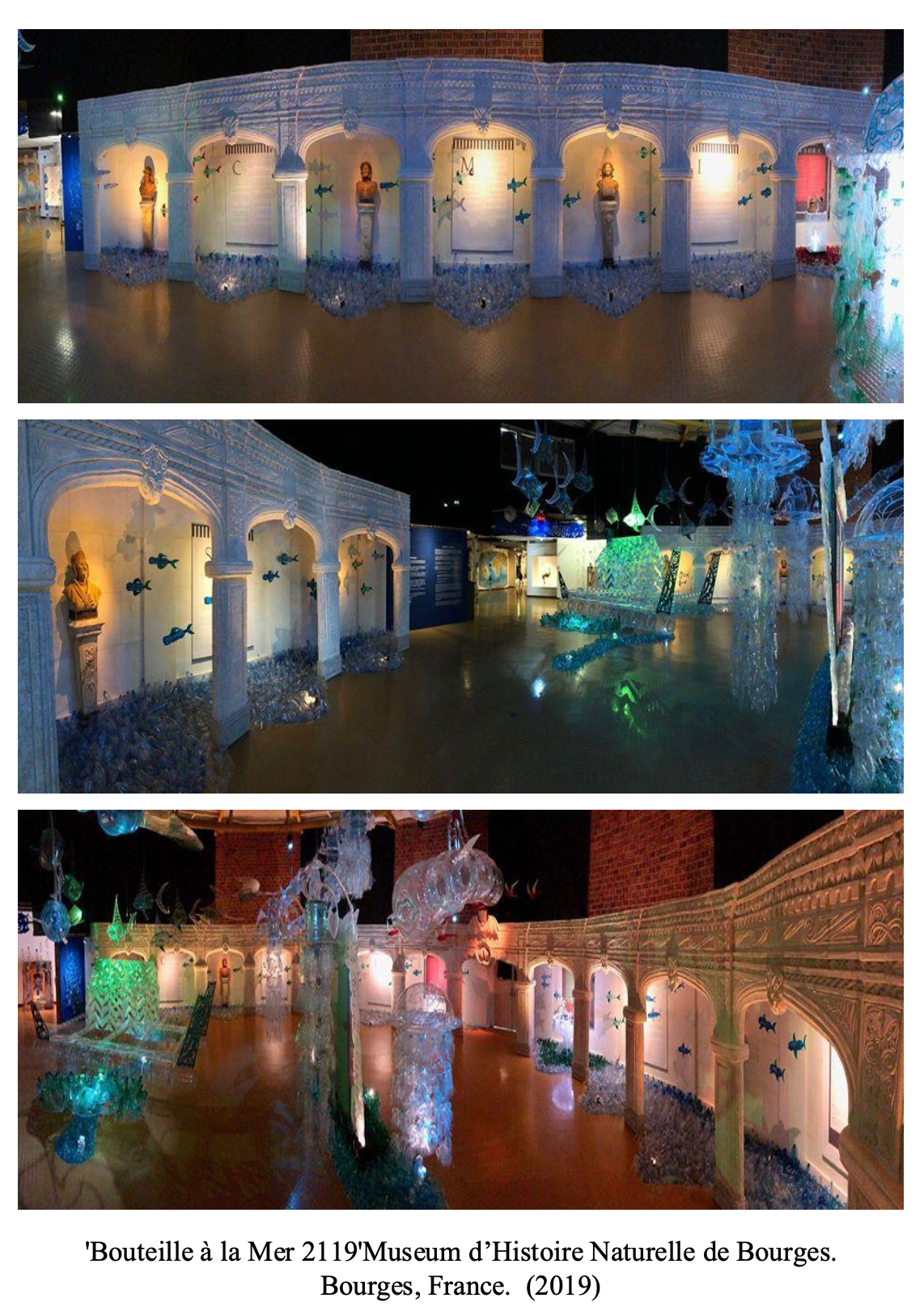 Museum exhibit titled 'Bottle at the Sea 2119' at the Museum of Natural History in Bourges, France, 2019. Features underwater-themed sculptures, statues, and decorative elements.