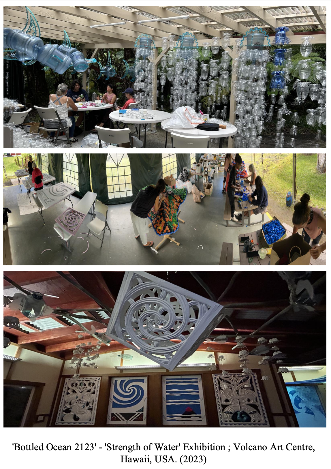 People working on art projects inside and outside the Volcano Art Centre in Hawaii, with hanging recycled plastic bottles and intricate paper artwork.