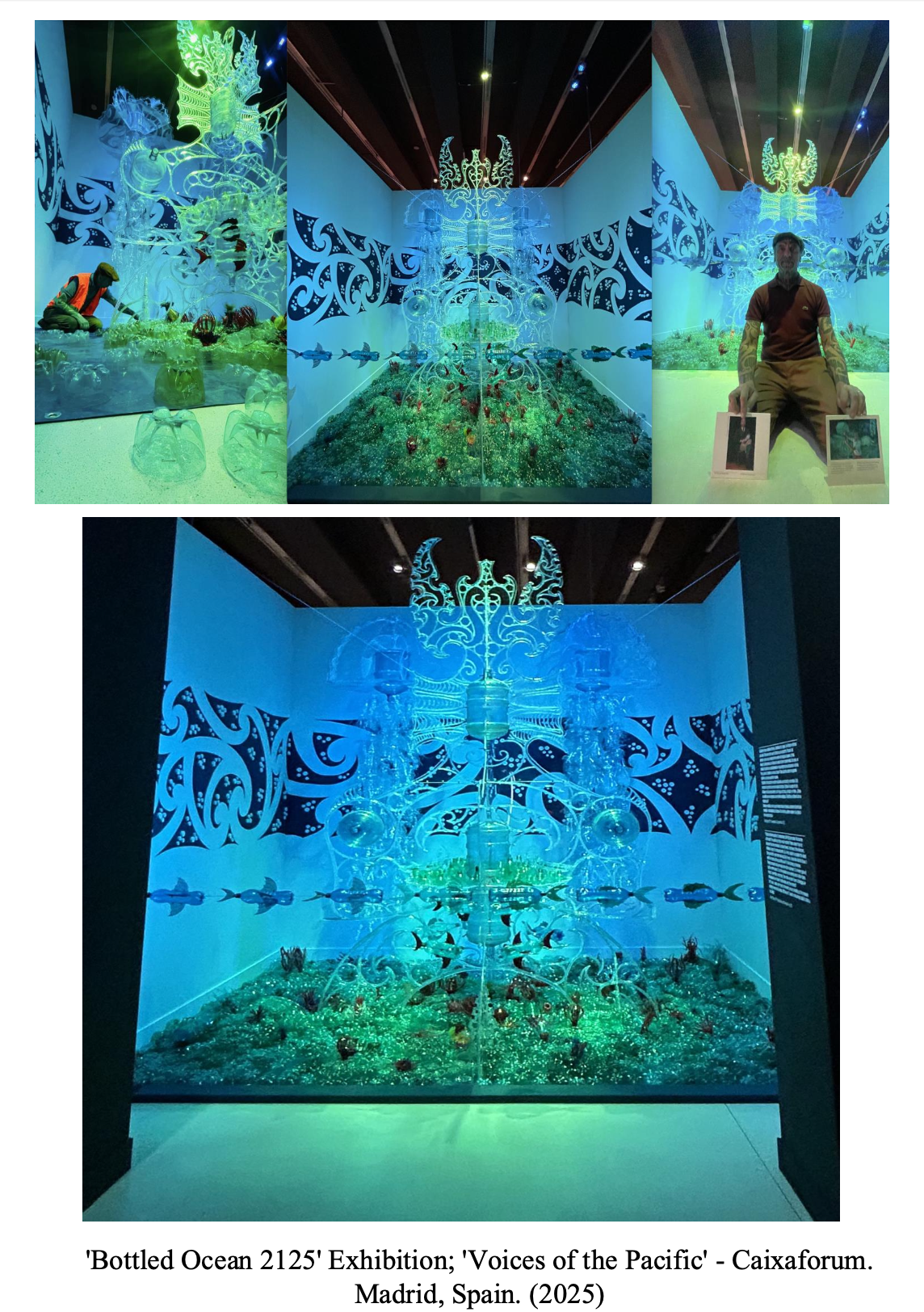 A large illuminated art installation called 'Bottled Ocean 2125' in Madrid, Spain, 2025. The display features a detailed, glowing sculpture resembling an ocean scene with various marine life, set within a circular arrangement of intricate, wave-like patterns on the walls. The installation uses vibrant blue and green lights to evoke the ocean, with visitors observing the artwork.