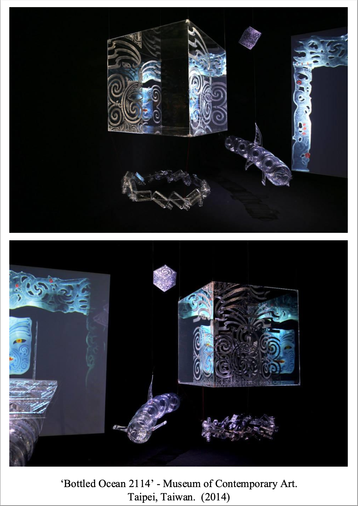 Two images of art installations featuring glass sculptures designed to resemble marine life, including a fish and a coiled creature, with illuminated, decorated glass cubes and swirling patterns. The artwork is titled 'Bottled Ocean 2114' from the Museum of Contemporary Art in Taipei, Taiwan, created in 2014.