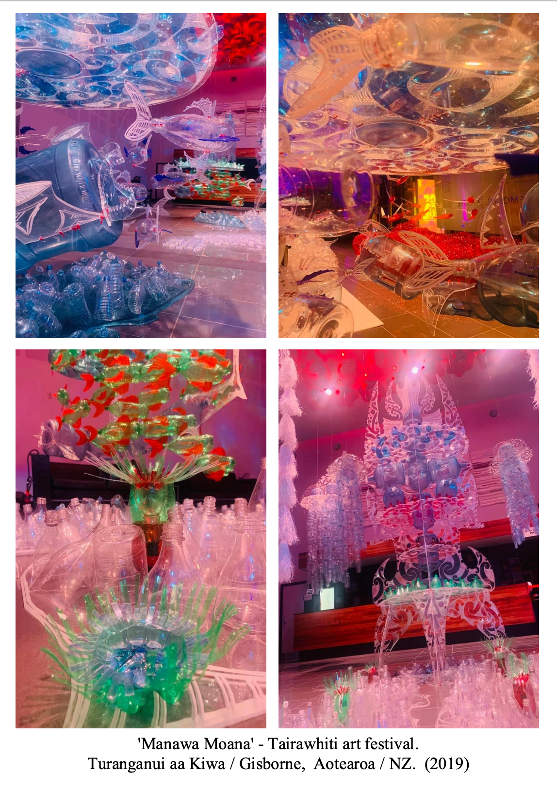 Installation art with transparent plastic sculptures resembling aquatic creatures, decorated with colorful lights, at the 'Manawa Moana' Tairawhiti art festival in Gisborne, New Zealand, 2019.