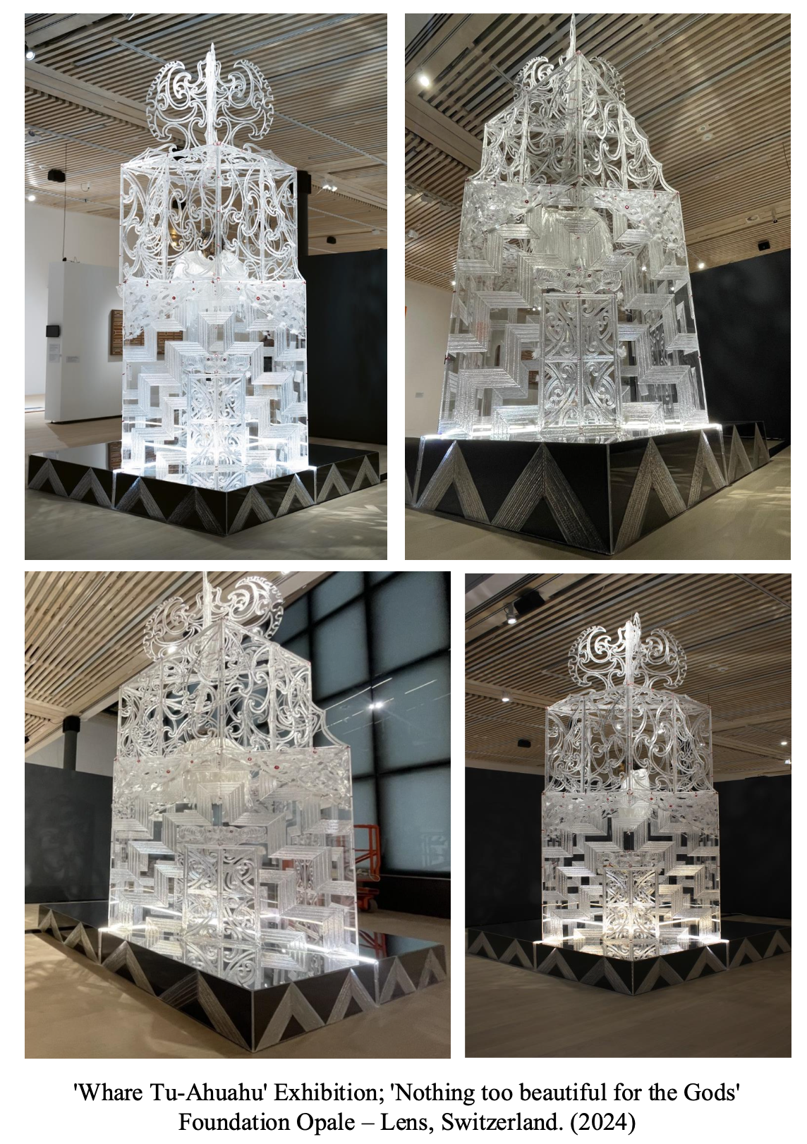 Four views of an intricate, illuminated, white sculpture resembling a lantern or temple, titled 'Whare Tu-Ahuahu' Exhibition: 'Nothing too beautiful for the Gods,' Foundation Opale, Lens, Switzerland, 2024.