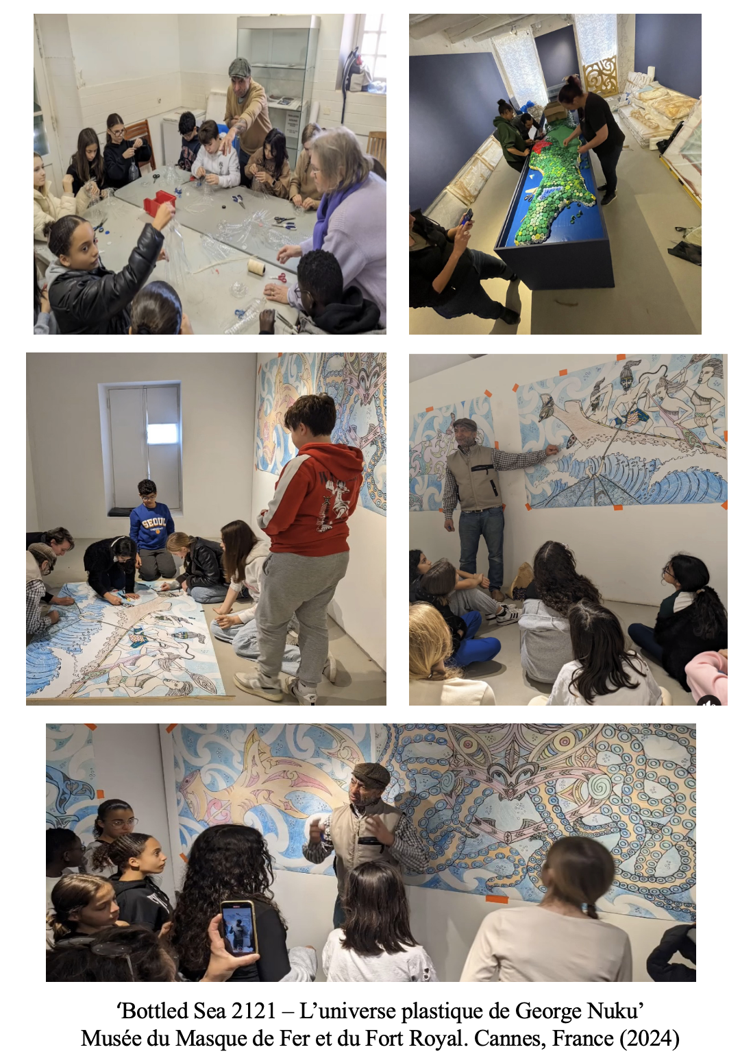 A collage of five photographs showing children and adults engaging in art activities and exhibitions at the Musée du Masque de Fer et du Fort Royal in Cannes, France, 2024. The images include group workshops on art projects, guided tours of large murals, and discussions with an artist in an art gallery.