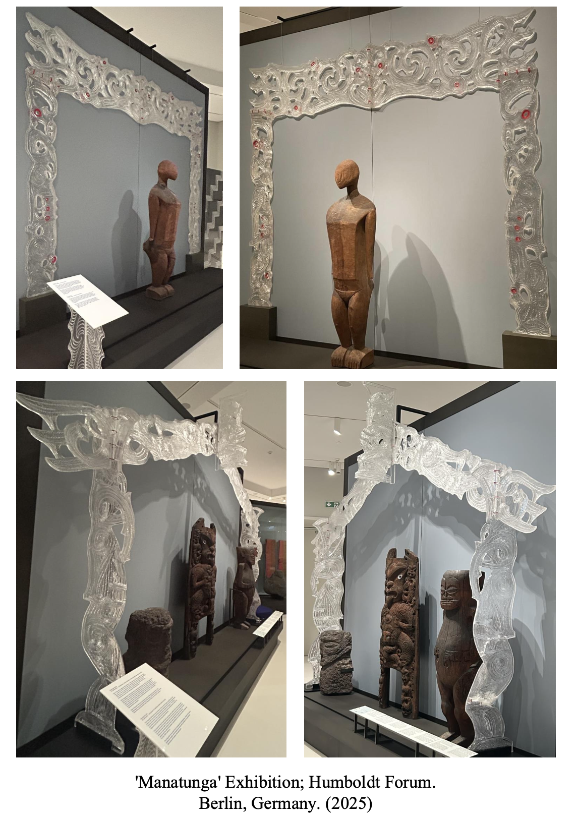 Exhibition display of carved wooden figures framed by clear acrylic borders with intricate patterns, presented at the 'Manatunga' Exhibition at Humboldt Forum in Berlin, Germany, 2025.