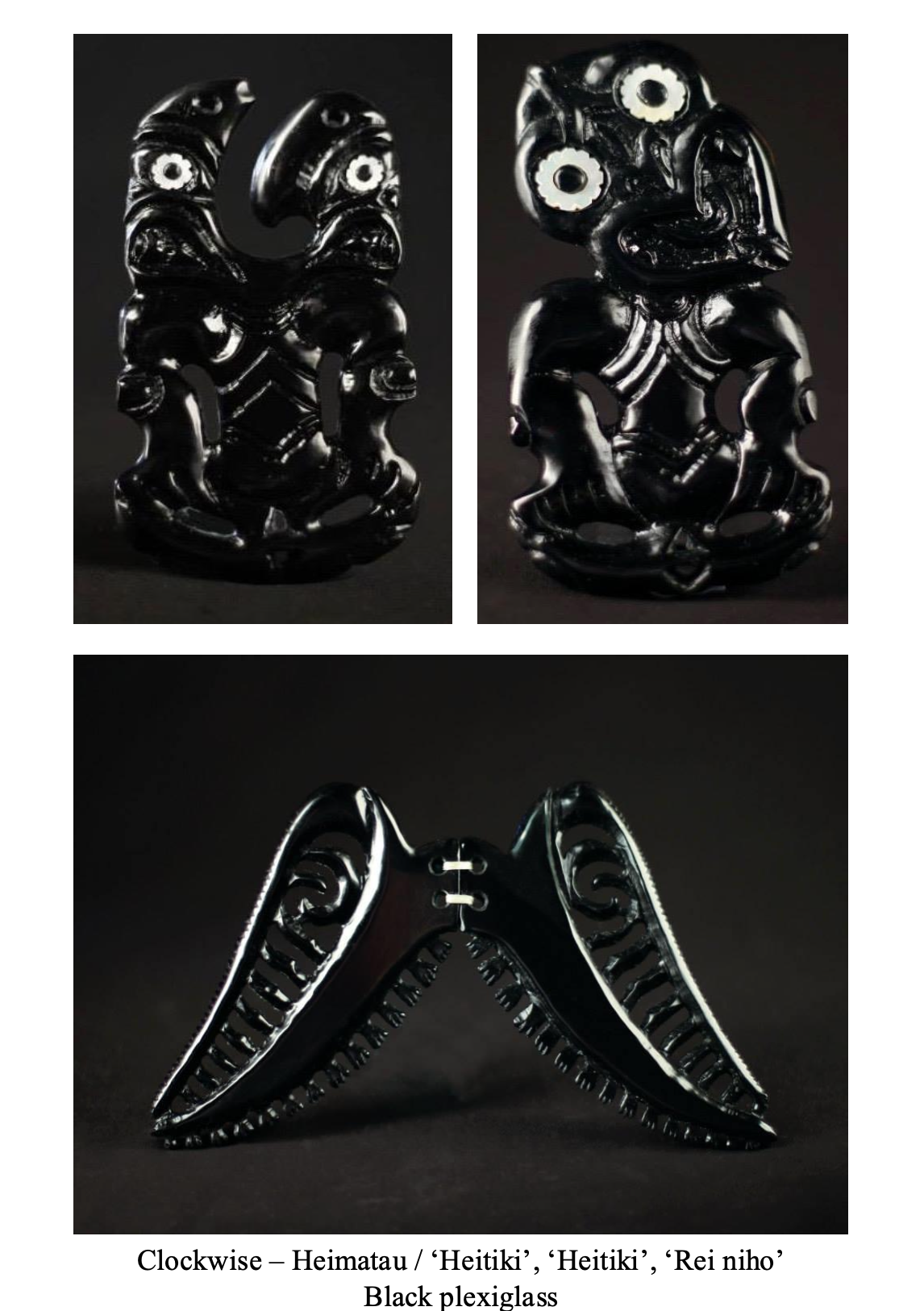 Three black plexiglass sculptures inspired by Heikiti or Rei Niho, featuring intricate carved and assembled designs with symbols and patterns. The sculptures are displayed against a dark background.