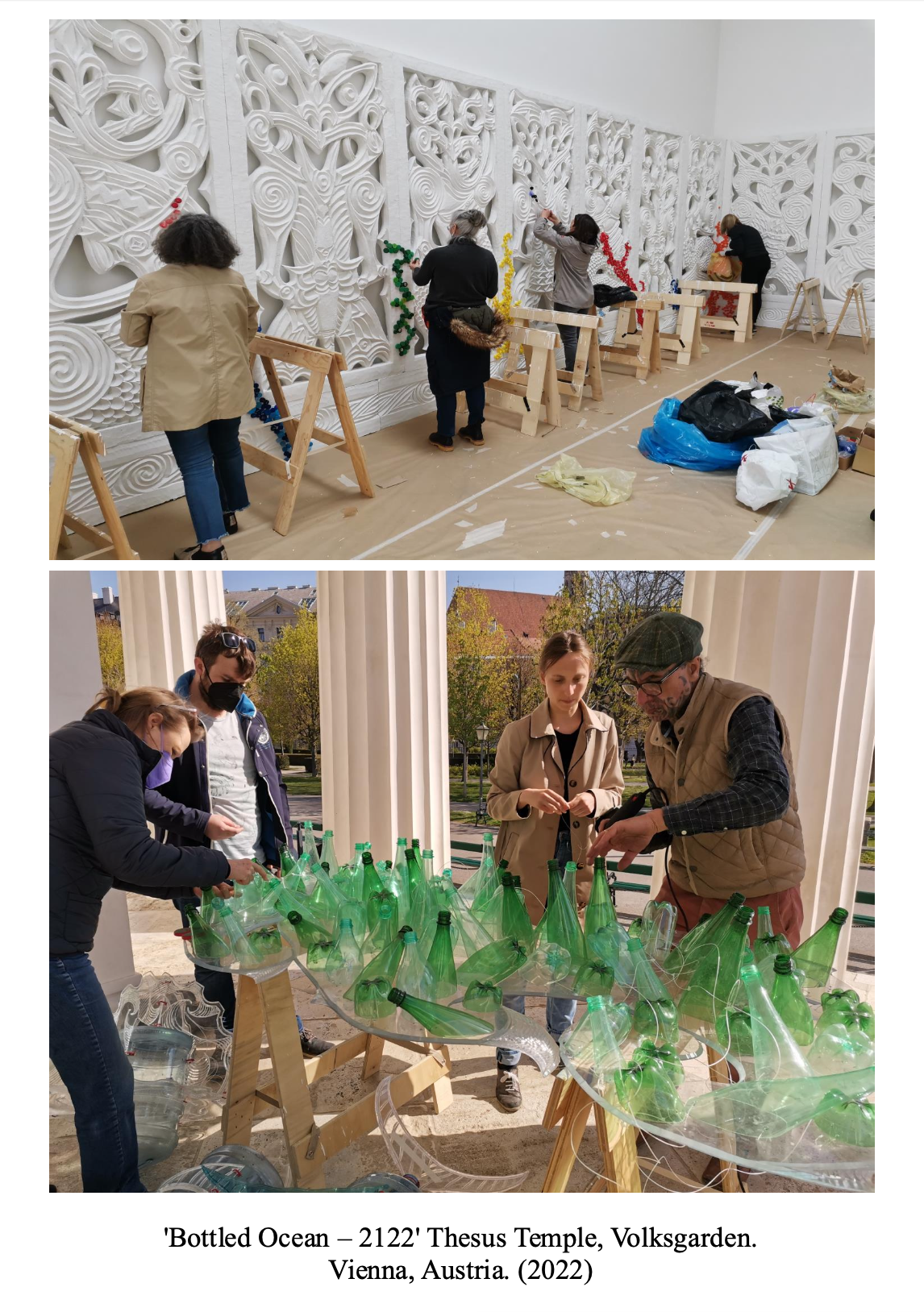 Top image: People working on an intricate white wall art installation at a workshop, using colored elements on the wall. Bottom image: Three people assembling a large sculpture made of green glass bottles outdoors, with classical columns and a park in the background.