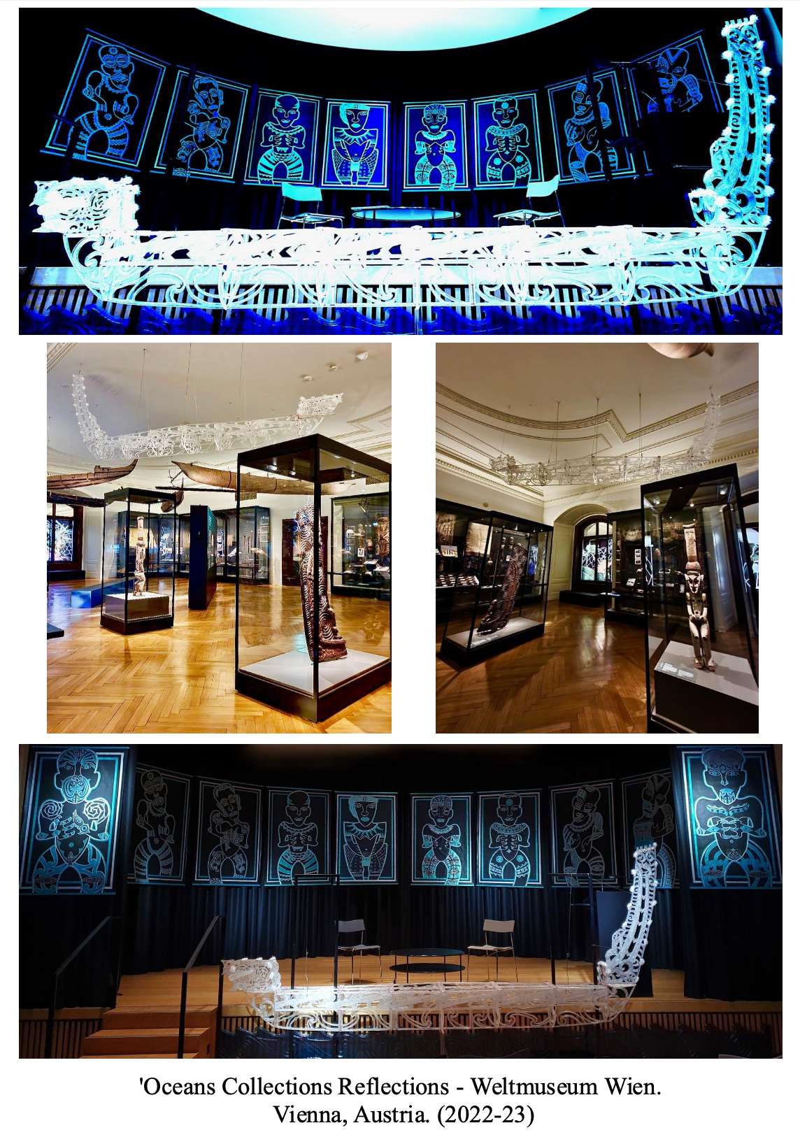 Exhibition display at the Weltmuseum Wien in Vienna, Austria, titled 'Oceans Collections Reflections,' 2022-23, featuring illuminated art installations of whale-like sculptures and traditional African masks.