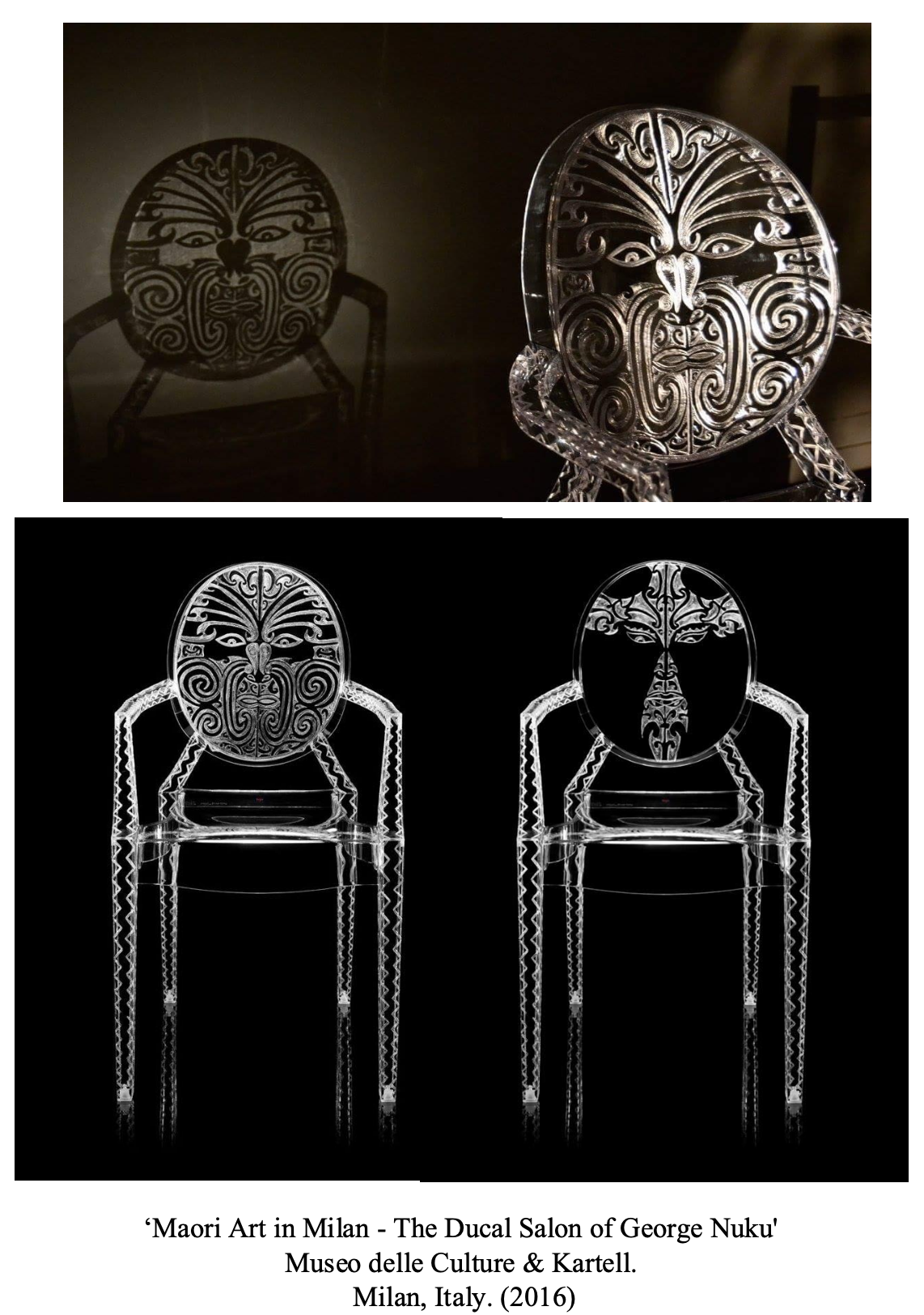 Photographs of Māori art resembling carved chairs and panels, featuring intricate patterns and faces, displayed at the Museo delle Culture & Kartell in Milan, Italy, 2016.