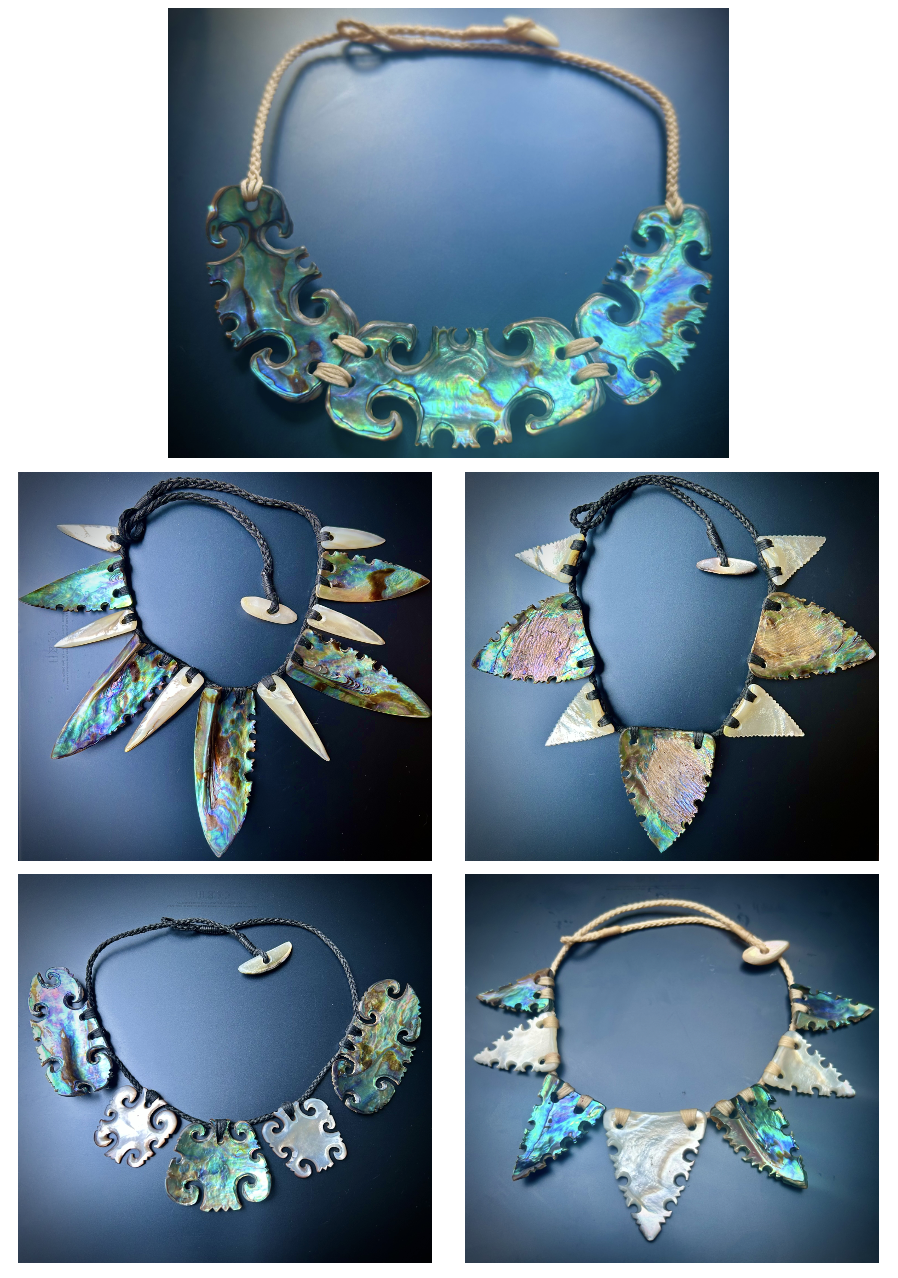 Collection of five shell necklaces with various shapes and designs, featuring iridescent, colourful shells, displayed against a dark background.