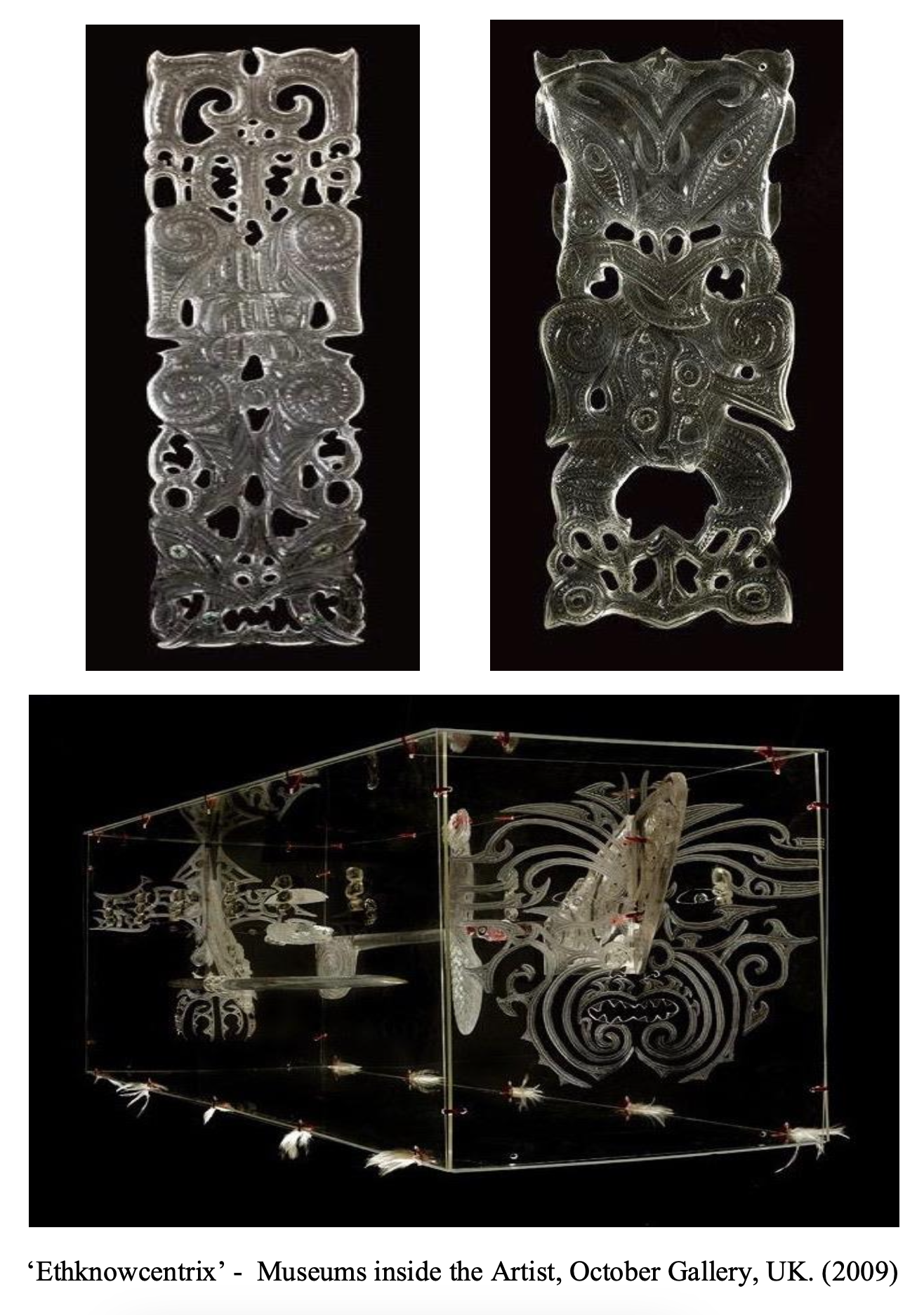 Three glass art pieces inspired by indigenous designs: two rectangular pieces with intricate patterns and a third 3D piece in a glass box depicting symmetrical bird and abstract shapes, from 'Ethnowcentrix' exhibit at October Gallery in the UK, 2009.