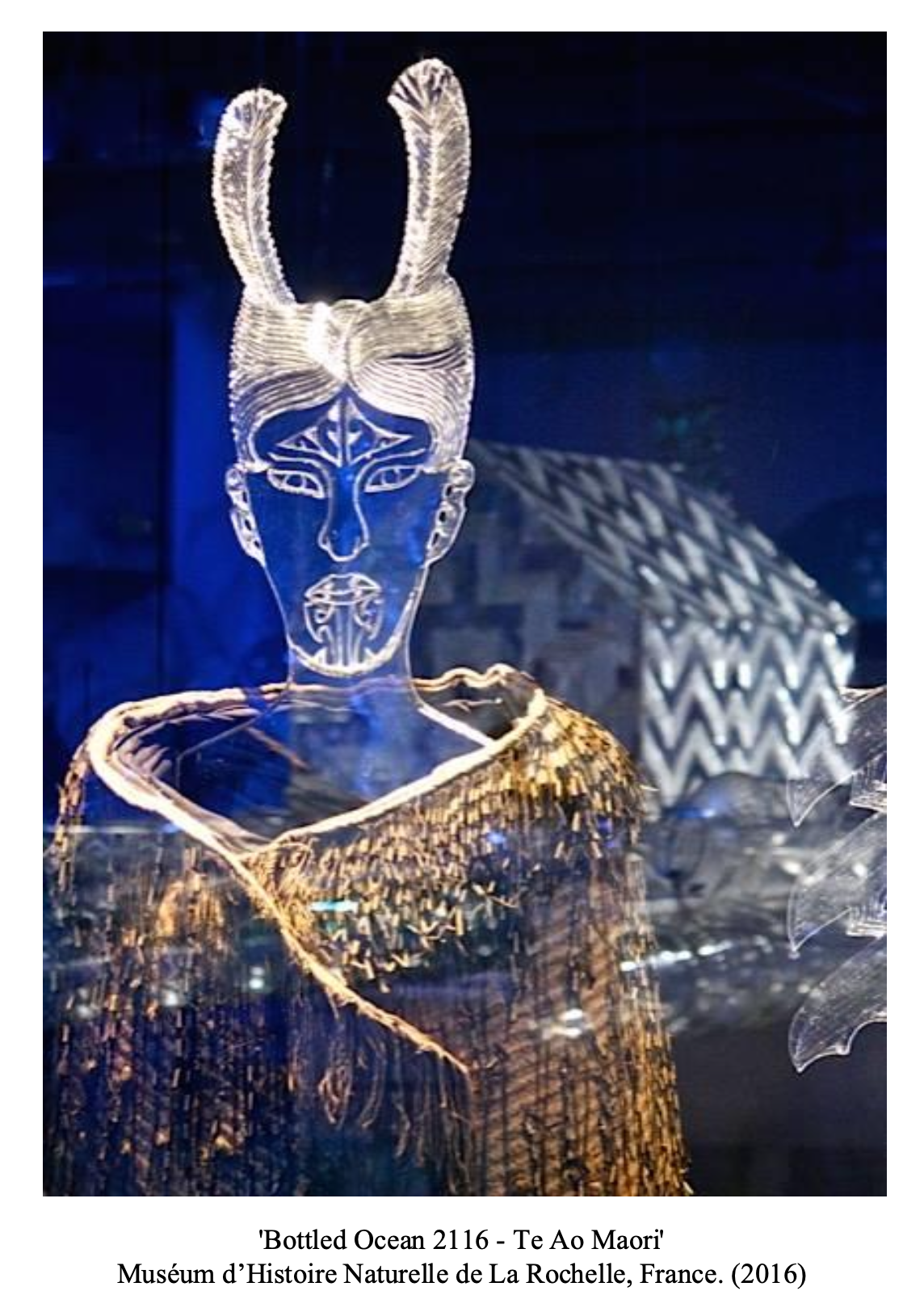 Art installation titled 'Bottled Ocean 2116 - Te Ao Maori' at the Muséum d’Histoire Naturelle de La Rochelle, France, 2016, depicting a stylized figure with a face and horns, created with illuminated, intricate lines.