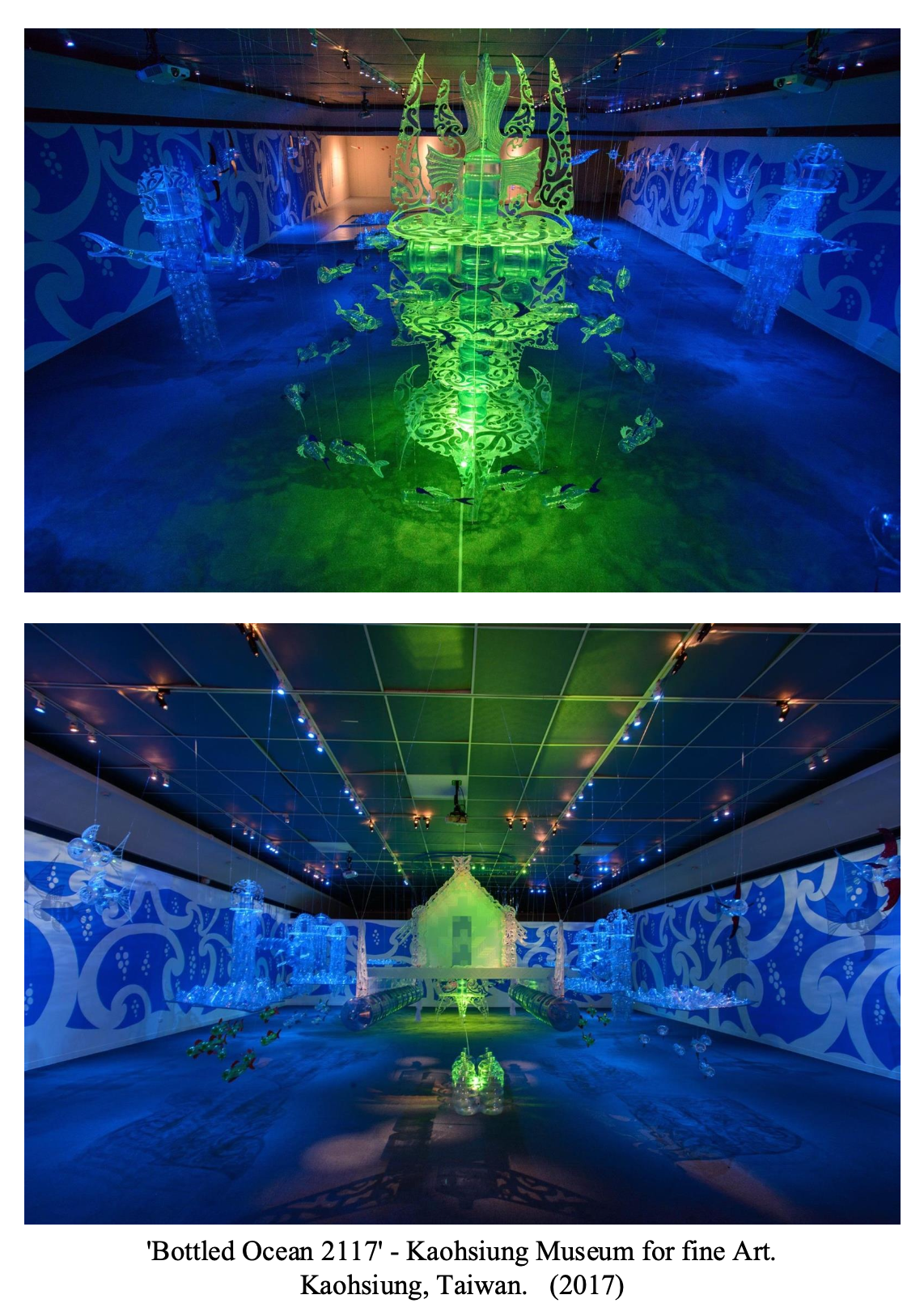 Two images of an art installation titled 'Bottled Ocean 2117' at the Kaohsiung Museum for Fine Art in Taiwan, 2017. The installation features illuminated, translucent sculptures of oceanic elements like a large central structure resembling a seashell or coral, and hanging fish sculptures, all lit with neon colors on a dark room background.