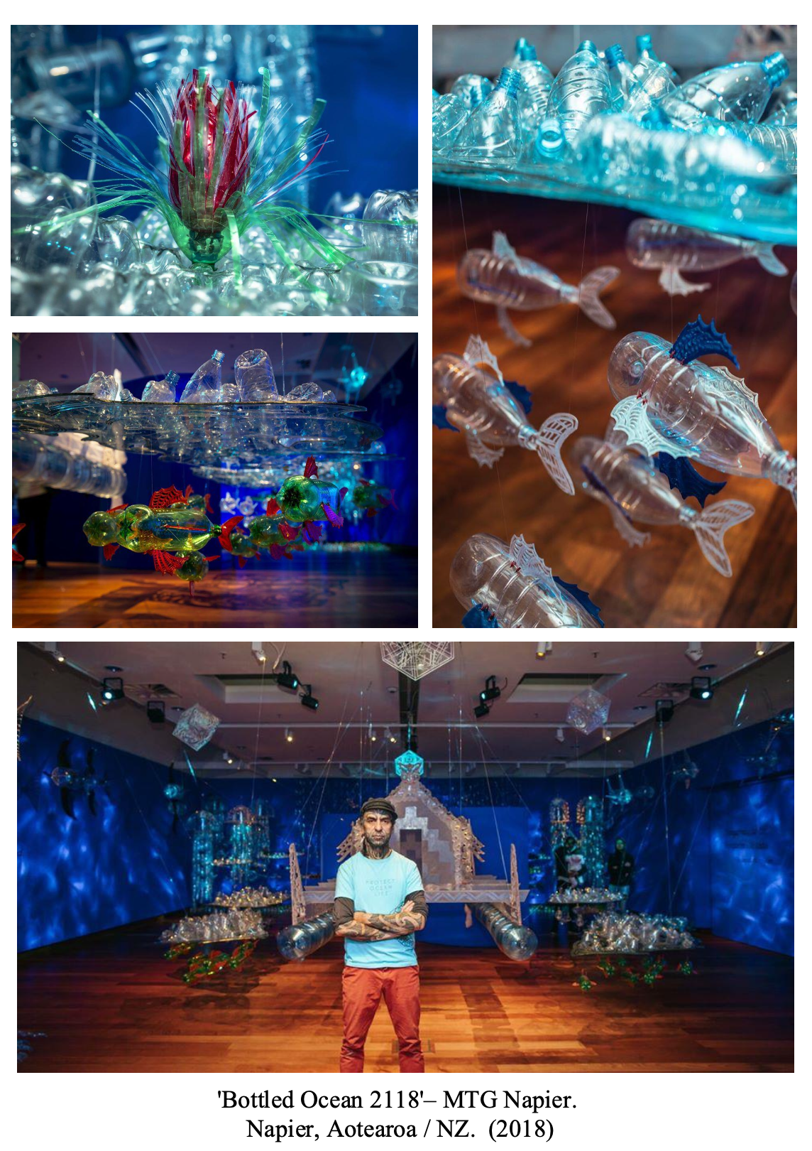 An art installation titled 'Bottled Ocean 2118' at MTG Napier, featuring sculptures of ocean creatures made from plastic bottles, with a person standing in front of the display.