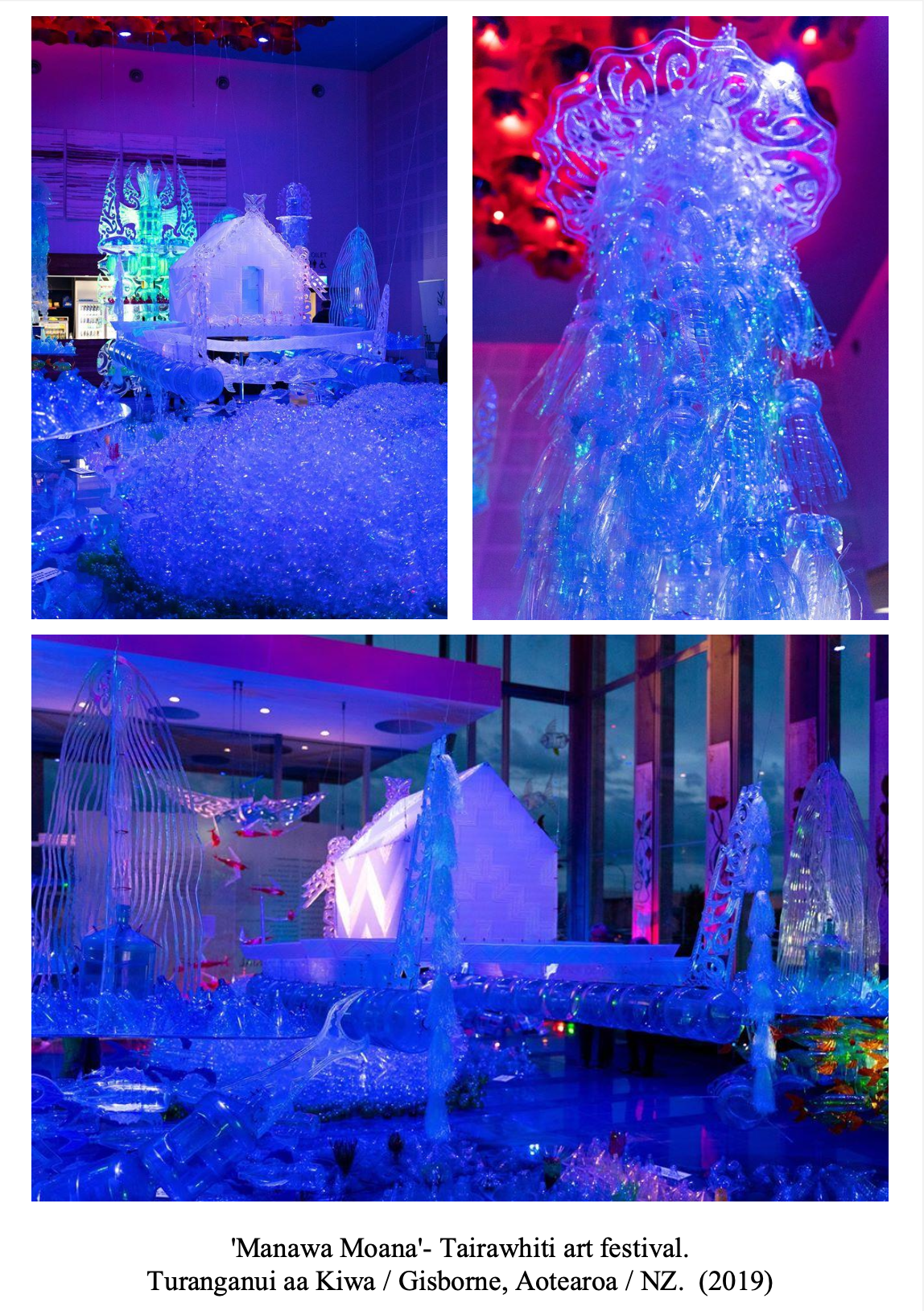 Art installation at 'Manawa Moana' Tairawhiti art festival in Turanganui-a-Kiwa, Gisborne, New Zealand, 2019, featuring glowing, translucent sculptures and structures made of resin or plastic illuminated with vibrant blue, purple, and red lighting.