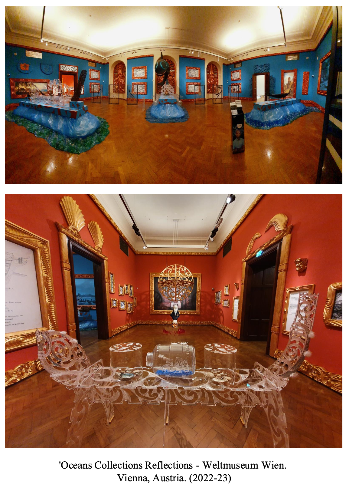 Photographs of art exhibits at Weltmuseum Wien in Vienna, Austria, from the 'Oceans Collections Reflections' for 2022-23. The top exhibit features ocean-inspired sculptures with blue and orange accents, and the bottom exhibit displays artistically painted and decorative objects with ornate frames and detailed craftsmanship.