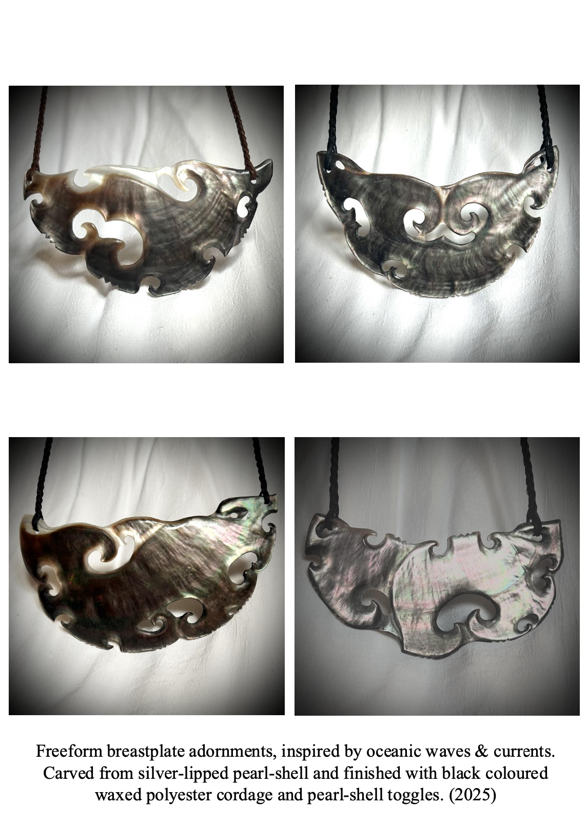 Set of four silver-lipped pearl-shell breastplate adornments with carved oceanic wave and current-inspired designs, finished with black colored waxed polyester cord and pearl-shell toggles.