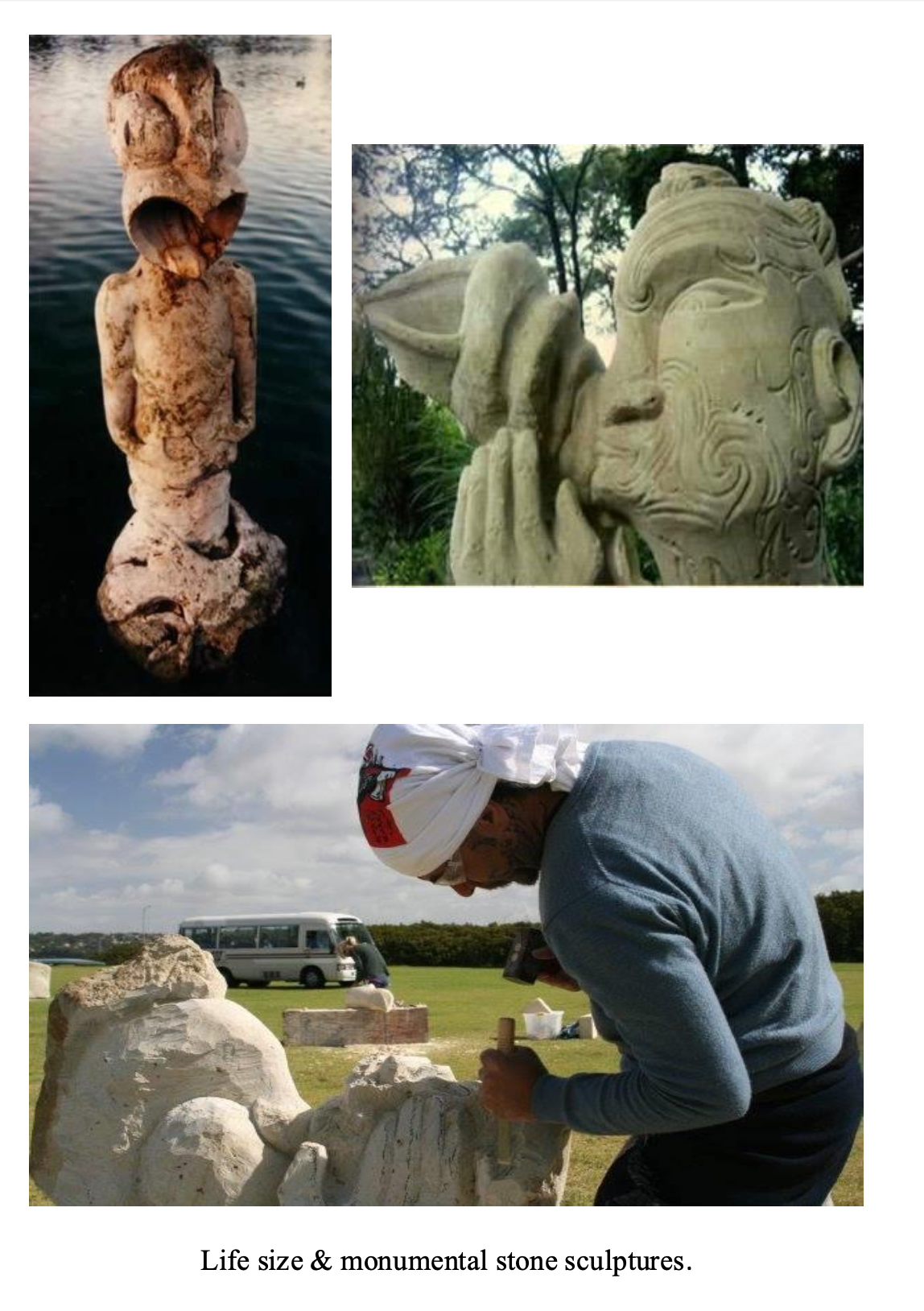 Photographs of large, life-size and monumental stone sculptures. One sculpture is a tall, weathered statue of a figure with a textured surface, partially submerged in water. Another sculpture depicts an intricate, abstract design carved into stone. A person wearing a headscarf is working on a stone sculpture outdoors, with a bus and open field in the background.