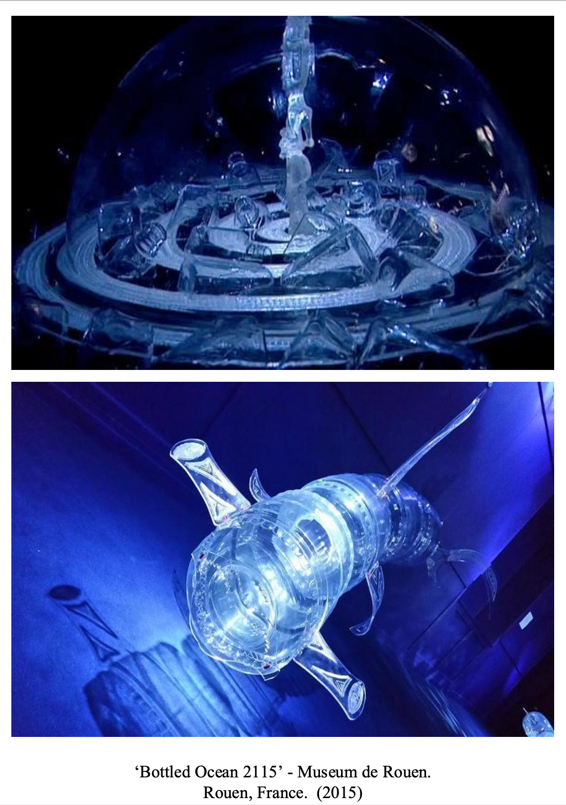 Glass art sculptures resembling ocean creatures, displayed in a museum, titled 'Bottled Ocean 2115' at Museum de Rouen, France, 2015.
