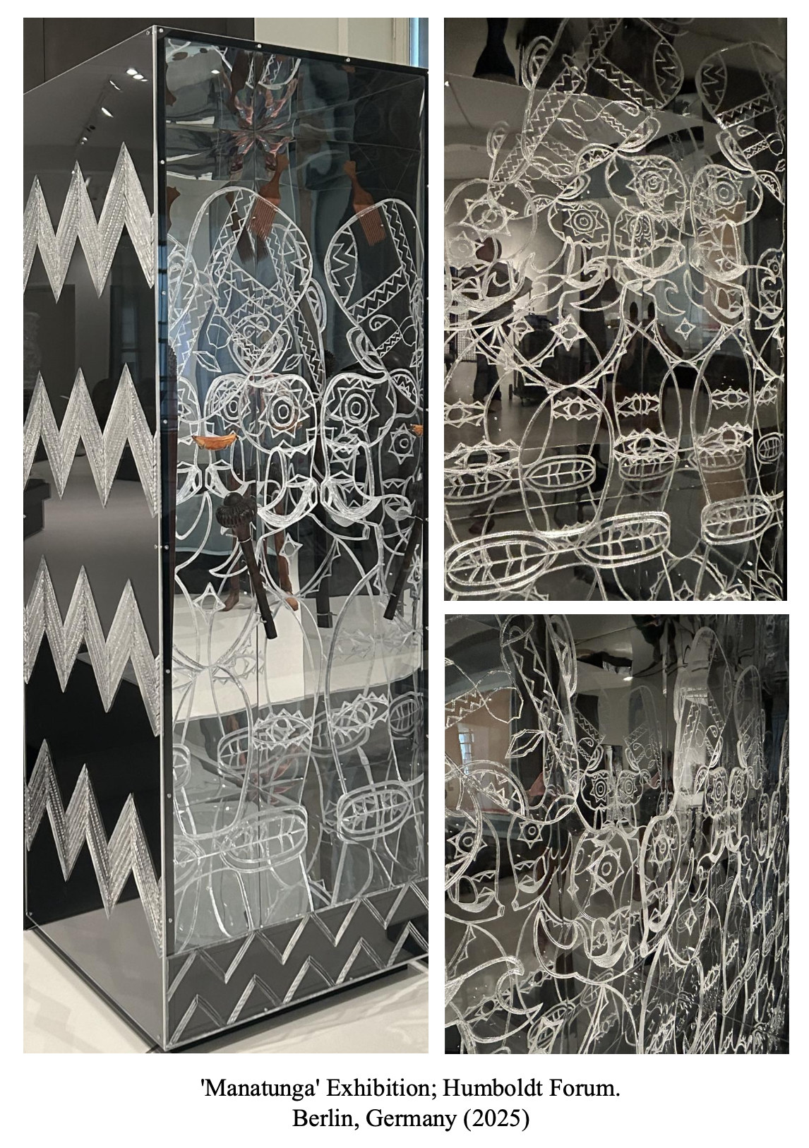 Glass display case with unique white line art patterns, part of the 'Manatungga' Exhibition at Humboldt Forum in Berlin, Germany, 2025.