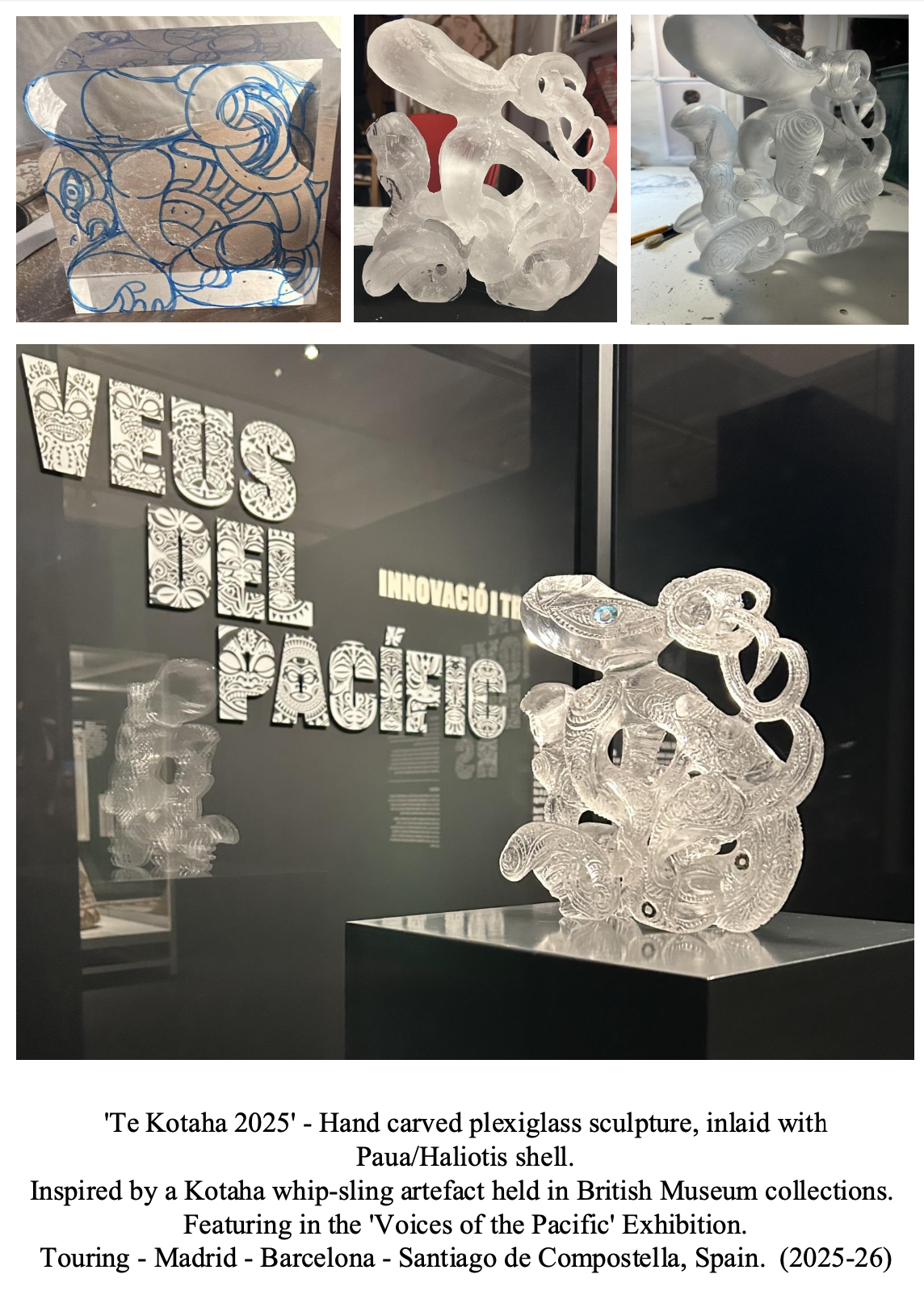 Photographs of a hand-carved plexiglass sculpture titled 'Te Kotaha 2025,' made with Paua and Haliotis shell, inspired by a Kotaha whip-sling artifact. The sculpture is displayed in an exhibition setting, with the background showing the words 'VOICES OF THE PACIFIC' in large decorative fonts and other exhibits.