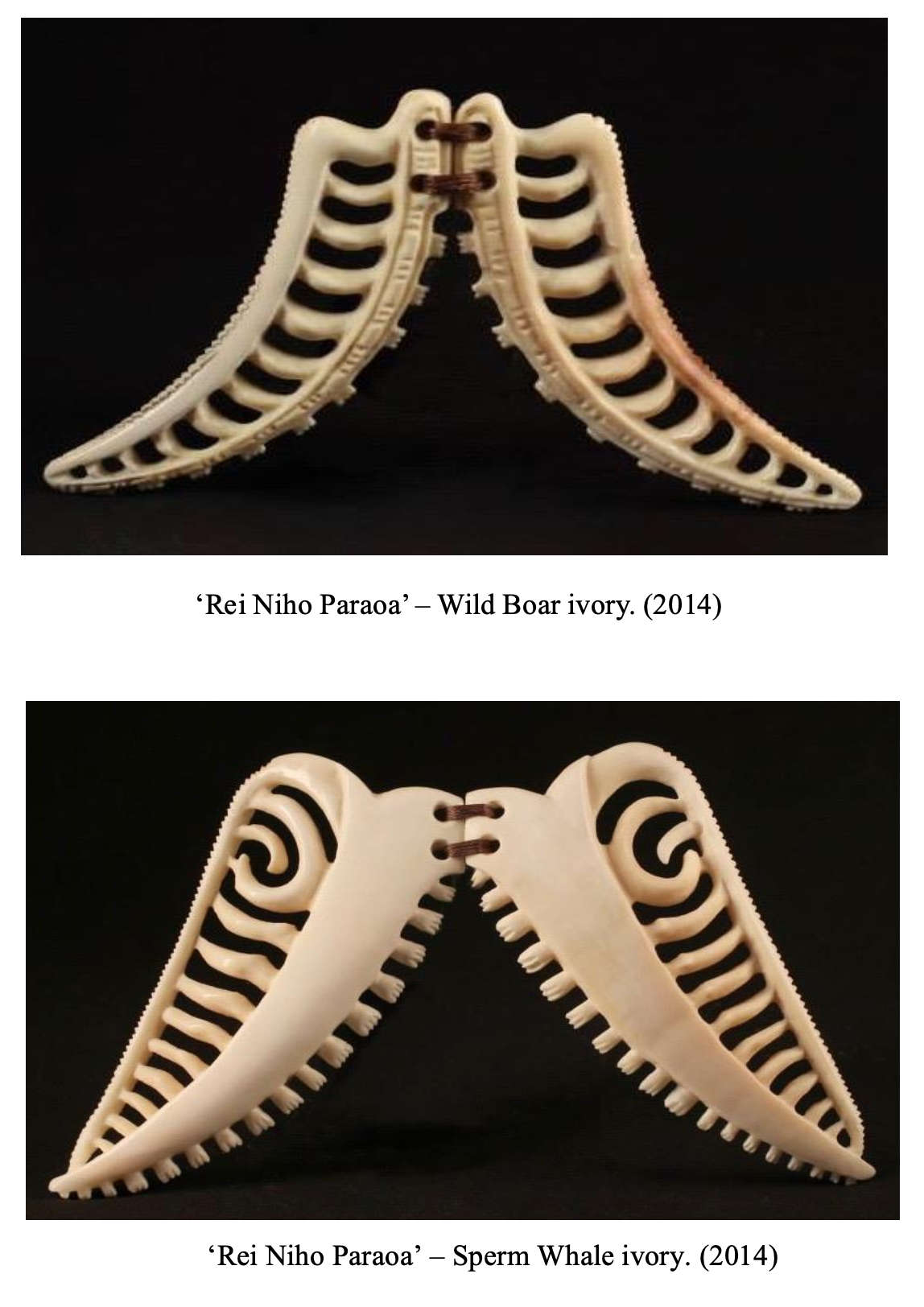 Two ivory carvings of whale fins, labeled as 'Rei Niho Paraoa', one depicting a wild boar and the other a sperm whale, both created in 2014.