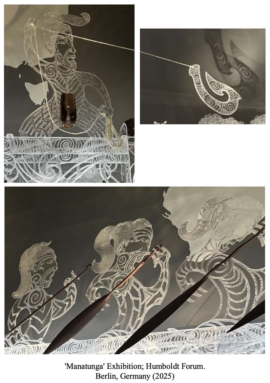 Glass art installation titled 'Manatunga' depicting stylized human figures with intricate patterns, displayed at Humboldt Forum in Berlin, Germany, 2025.