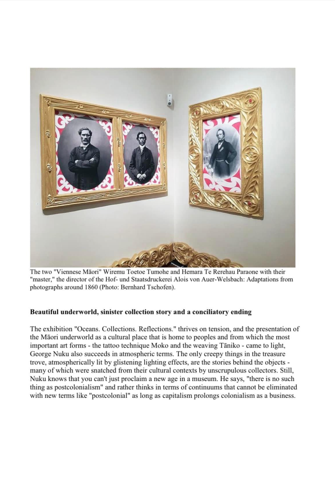 Photographs of three historical figures in ornate gold frames, two on the left and one on the right, with pink and white background patterns behind the images.