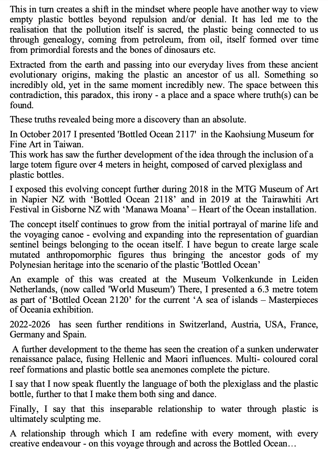 A photograph of a text document discussing the conceptual art project 'Bottled Ocean 2117' involving large, carved plexiglass and plastic bottles, with mentions of its development over several years, exhibitions worldwide, and its thematic focus on water, marine life, and environmental issues.