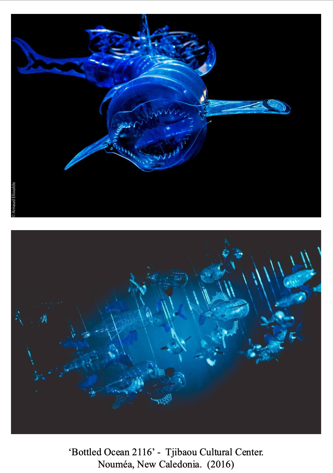 An illuminated art installation of glass or plastic sharks glowing blue, displayed in two different views. The first view shows a close-up of a single shark, while the second view depicts a larger group of sharks hanging in a dark space. Caption indicates the artwork is called 'Bottled Ocean 2116' at Tjibaou Cultural Center in Nouméa, New Caledonia, created in 2016.