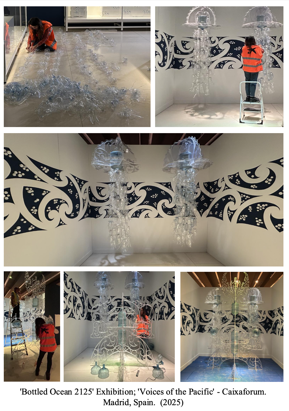 Mixed images from the 'Bottled Ocean 2125' exhibition titled 'Voices of the Pacific' at Caixaforum in Madrid, Spain, 2025. The images show a woman in a red safety jacket working on glass art installations, including water simulations, wall-mounted decorations, and hanging glass sculptures with intricate designs and underwater themes.