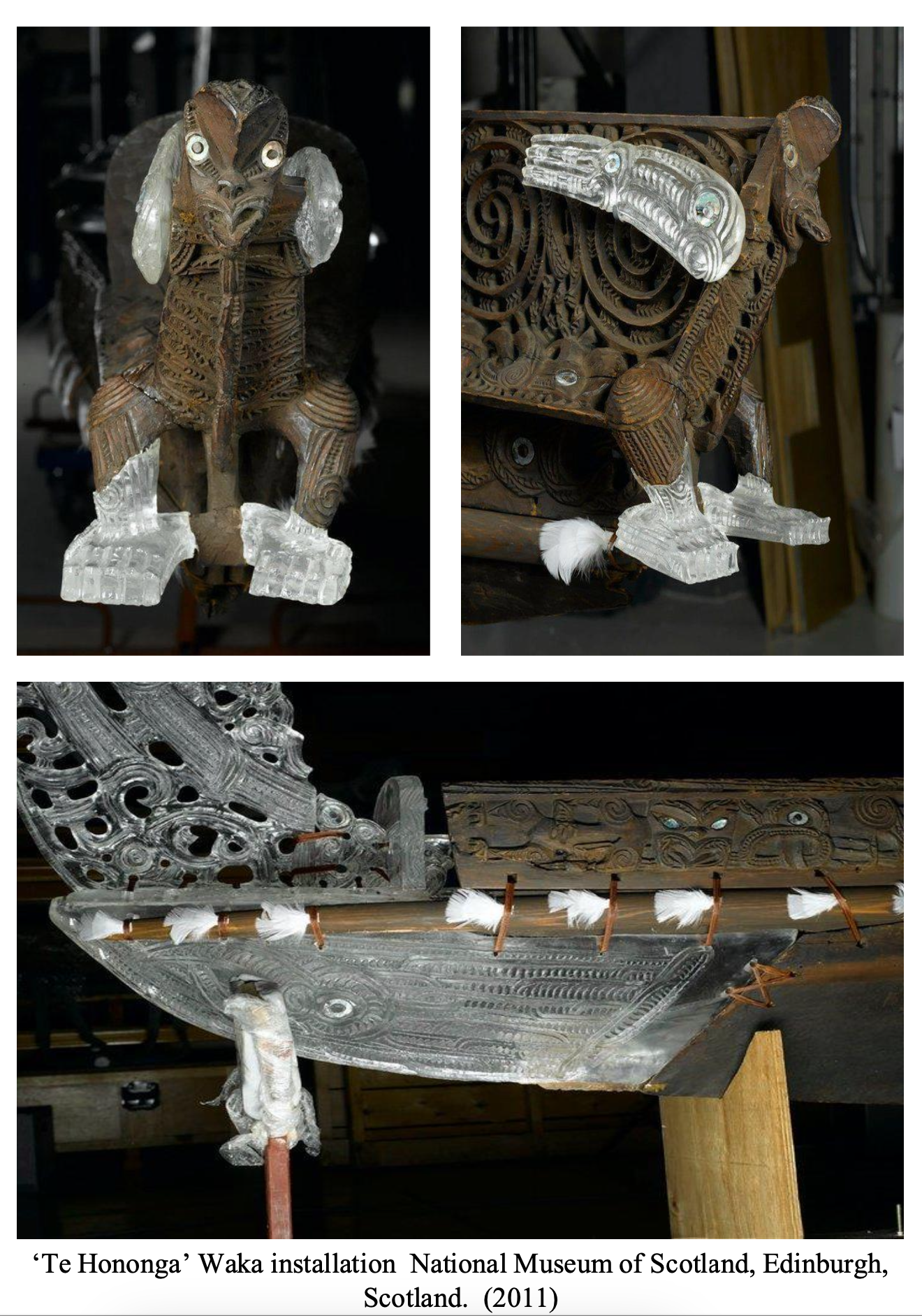 Close-up of carved wooden and silver traditional Māori sculptures from the 'Te Hononga' Waka installation at the National Museum of Scotland, Edinburgh, Scotland, 2011.