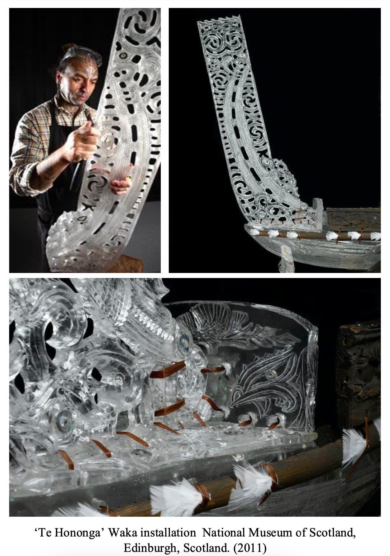 Multiple images of the 'Te Hononga' Waka installation at the National Museum of Scotland in Edinburgh, Scotland, showing detailed carvings on a large wooden canoe and close-up of transparent carved wood artifacts.