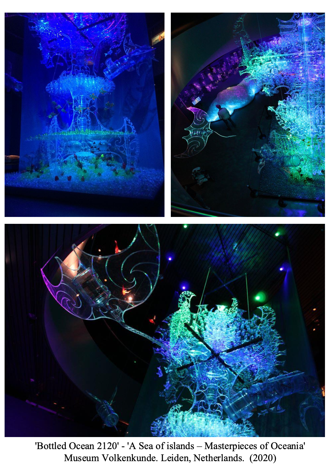 Multicolor illuminated art installation titled 'Bottled Ocean 2120 - A Sea of Islands – Masterpieces of Oceania' at Museum Volkenkunde in Leiden, Netherlands, 2020, featuring glowing sea-themed sculptures and intricate light designs.