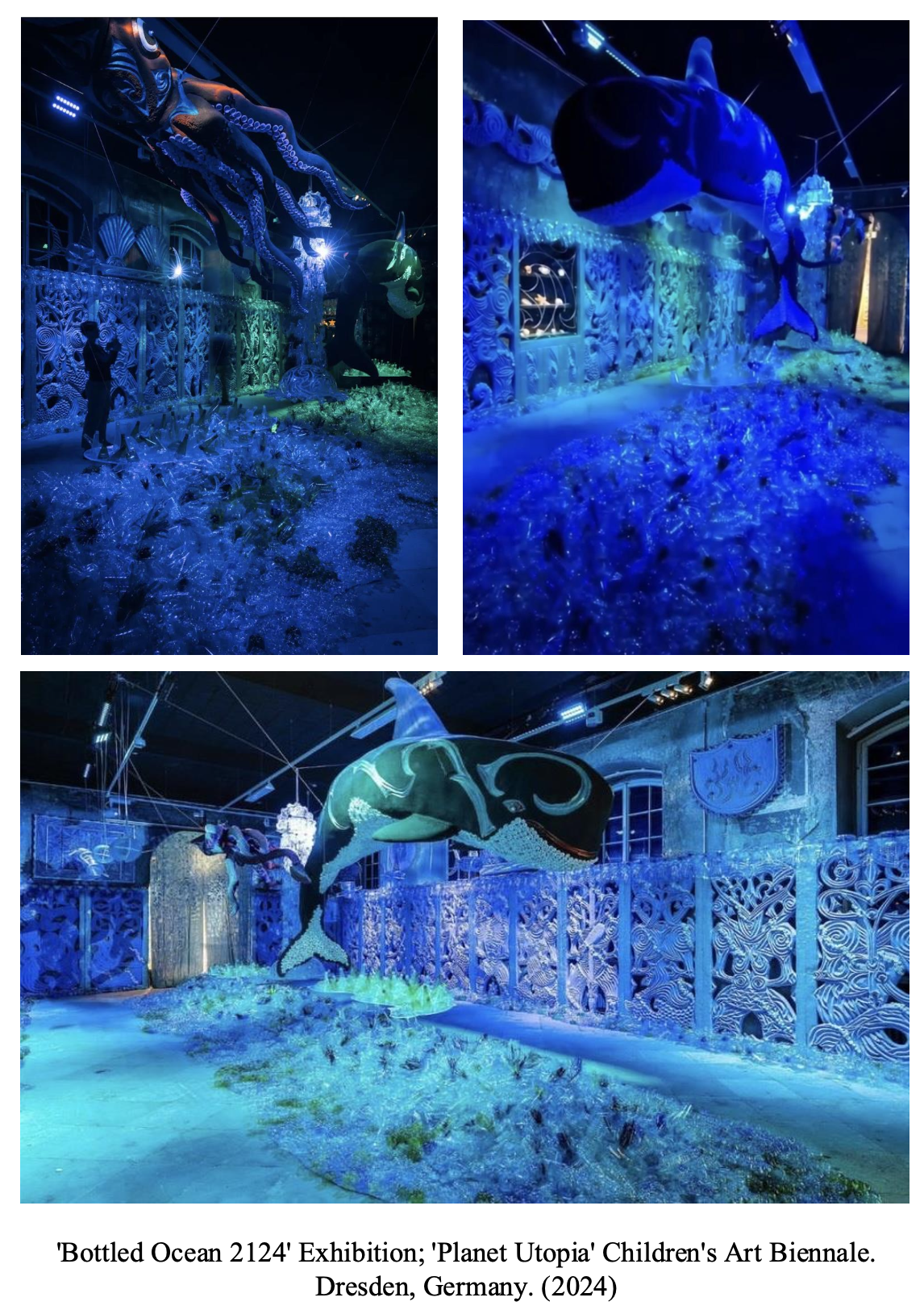 Three photos of a vibrant underwater-themed art installation titled 'Bottled Ocean 2124' at the Planet Utopia Children's Art Biennale in Dresden, Germany, 2024. The installation features illuminated whale sculptures, marine life, and intricate blue and green patterns creating an oceanic environment.