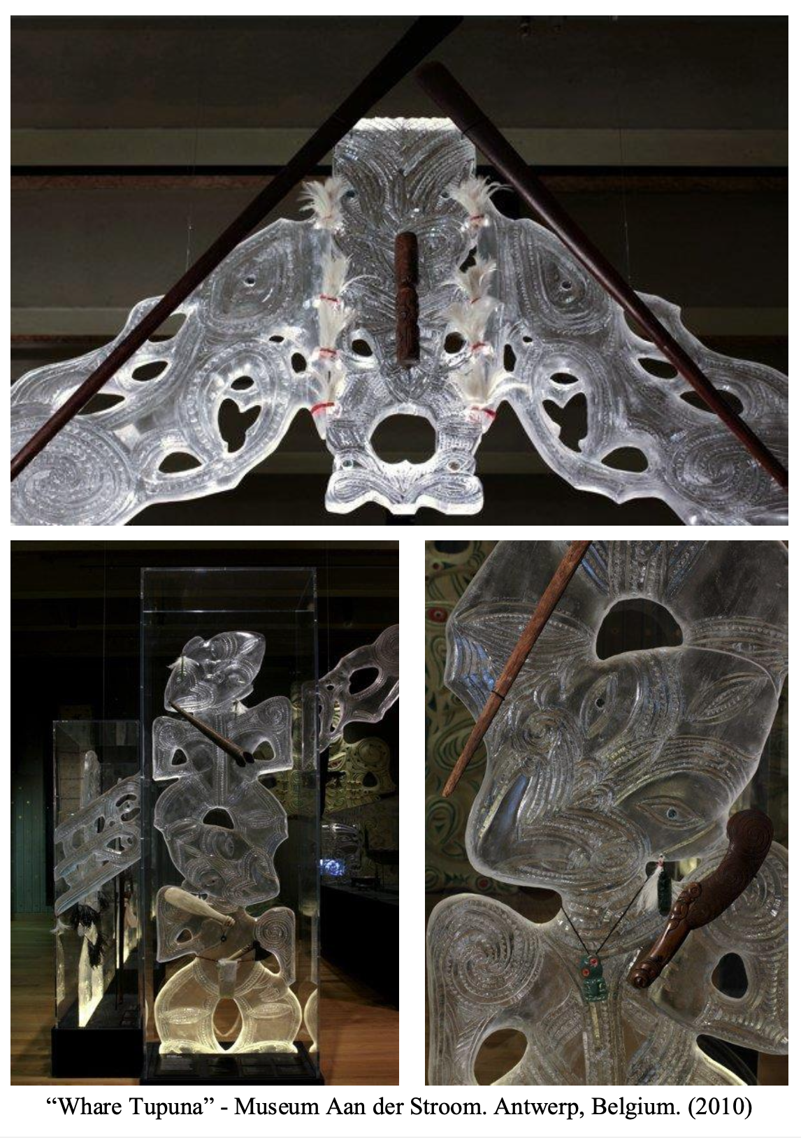 Glass sculpture called 'Whare Tupuna' at Museum Aan de Stroom in Antwerp, Belgium, displaying intricate, carved glass forms with wood and metal elements.