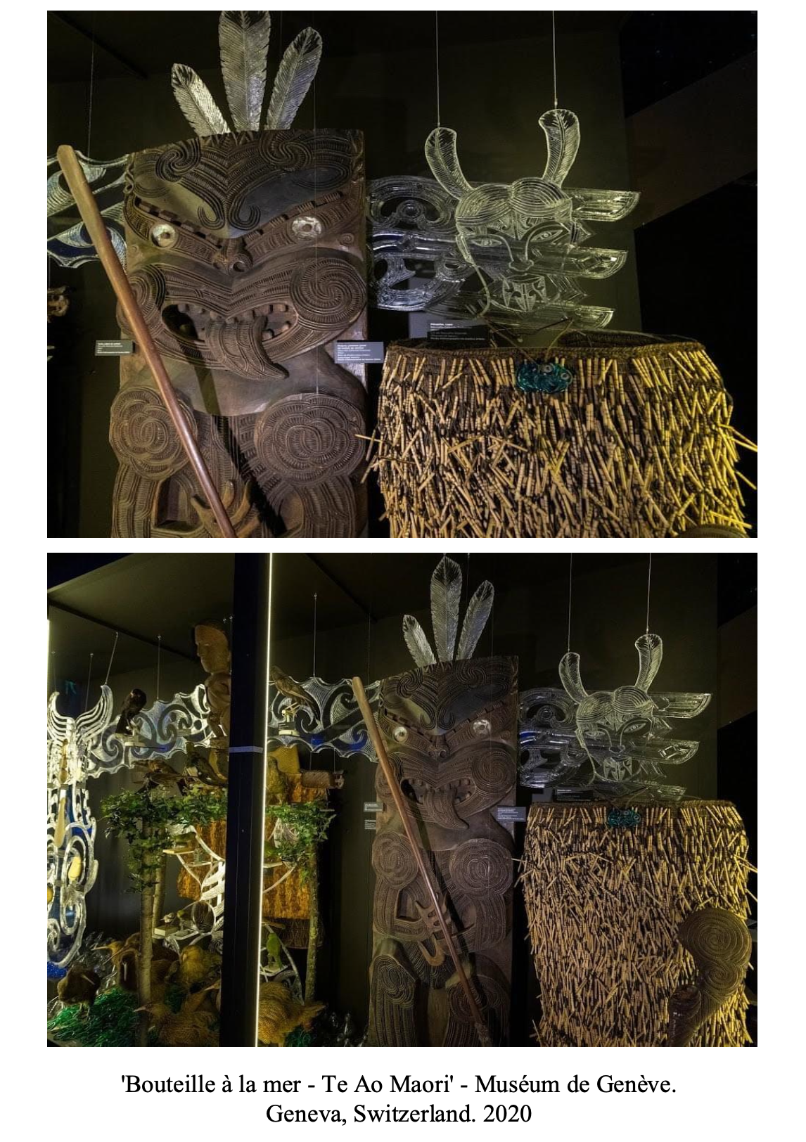 Display of traditional Maori carved wooden figures and woven artifacts at the Musée de Genève, including a large carved figure with feathers, a mask, and a woven box, from New Zealand, 2020.
