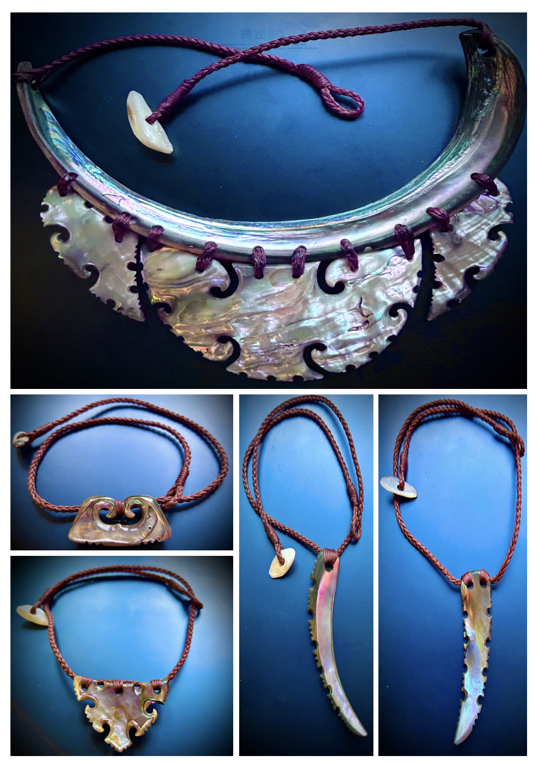 Collection of jewelry featuring necklaces and a bracelet with carved shell or abalone pendants and decorative elements, displayed on a dark blue background.