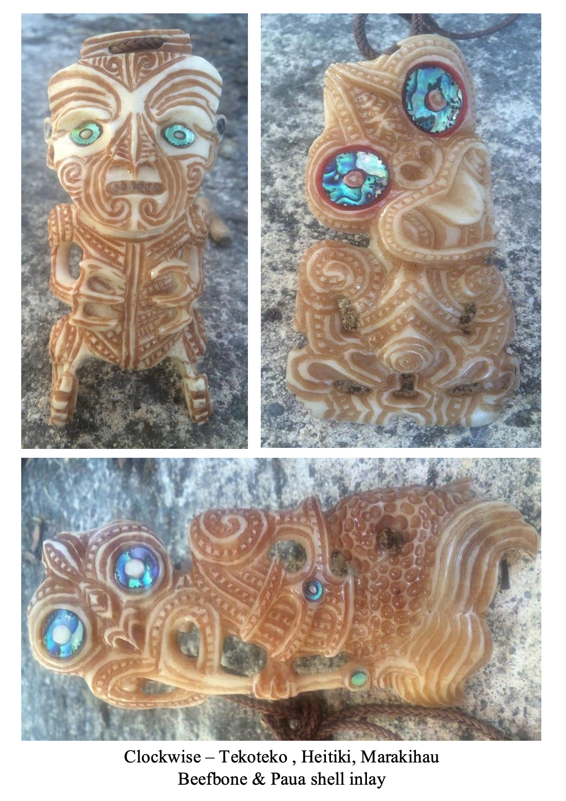 Three carved shells with detailed designs and embedded shells, resembling tiki figures. The shells are labeled as heitiki, marakihau, beefone, and paua shell inlay.
