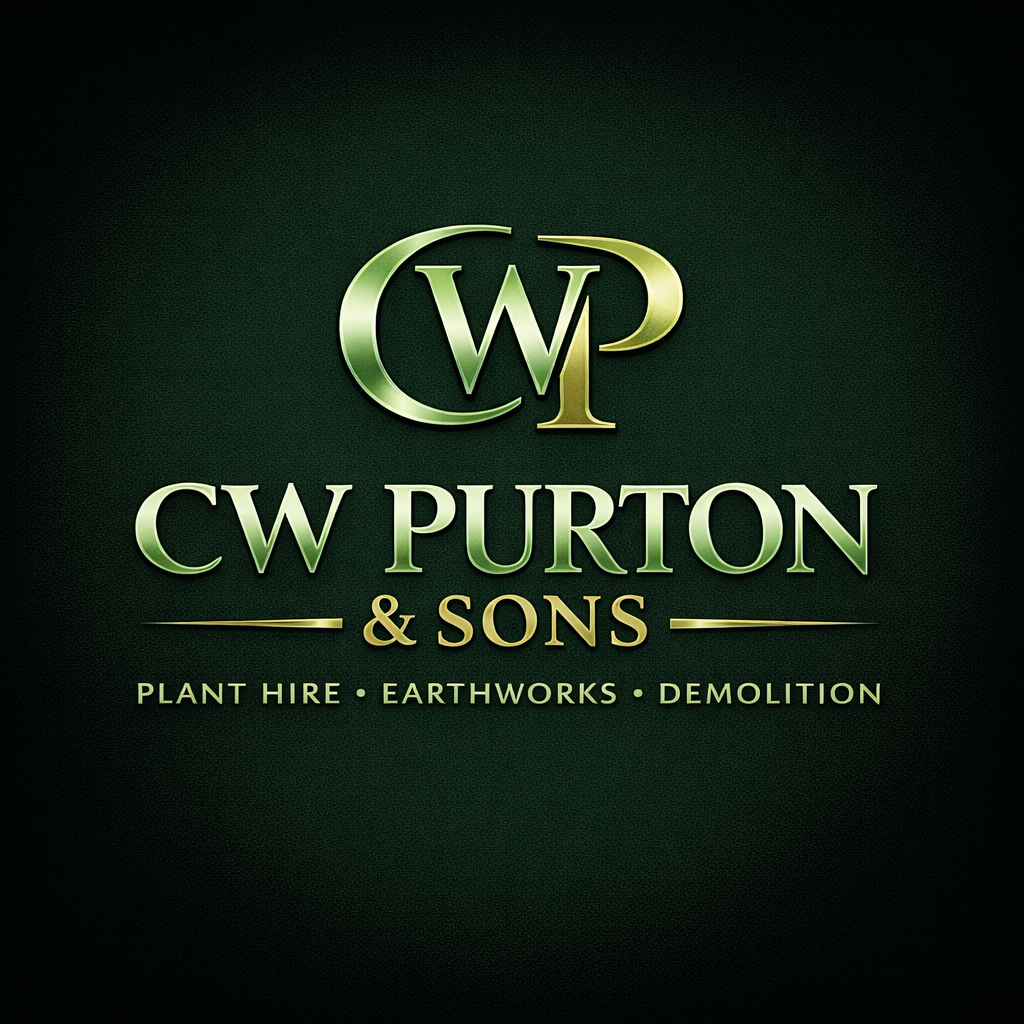 Logo for CW Purton & Sons featuring the initials 'CWP' in gold and green, with the company name below, and services like plant hire, earthworks, and demolition listed underneath.