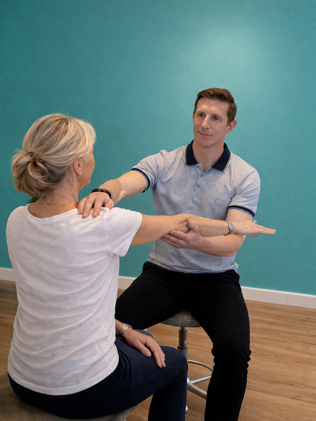 A healthcare professional assisting a woman with physical therapy exercises, with both sitting on stools against a teal wall.